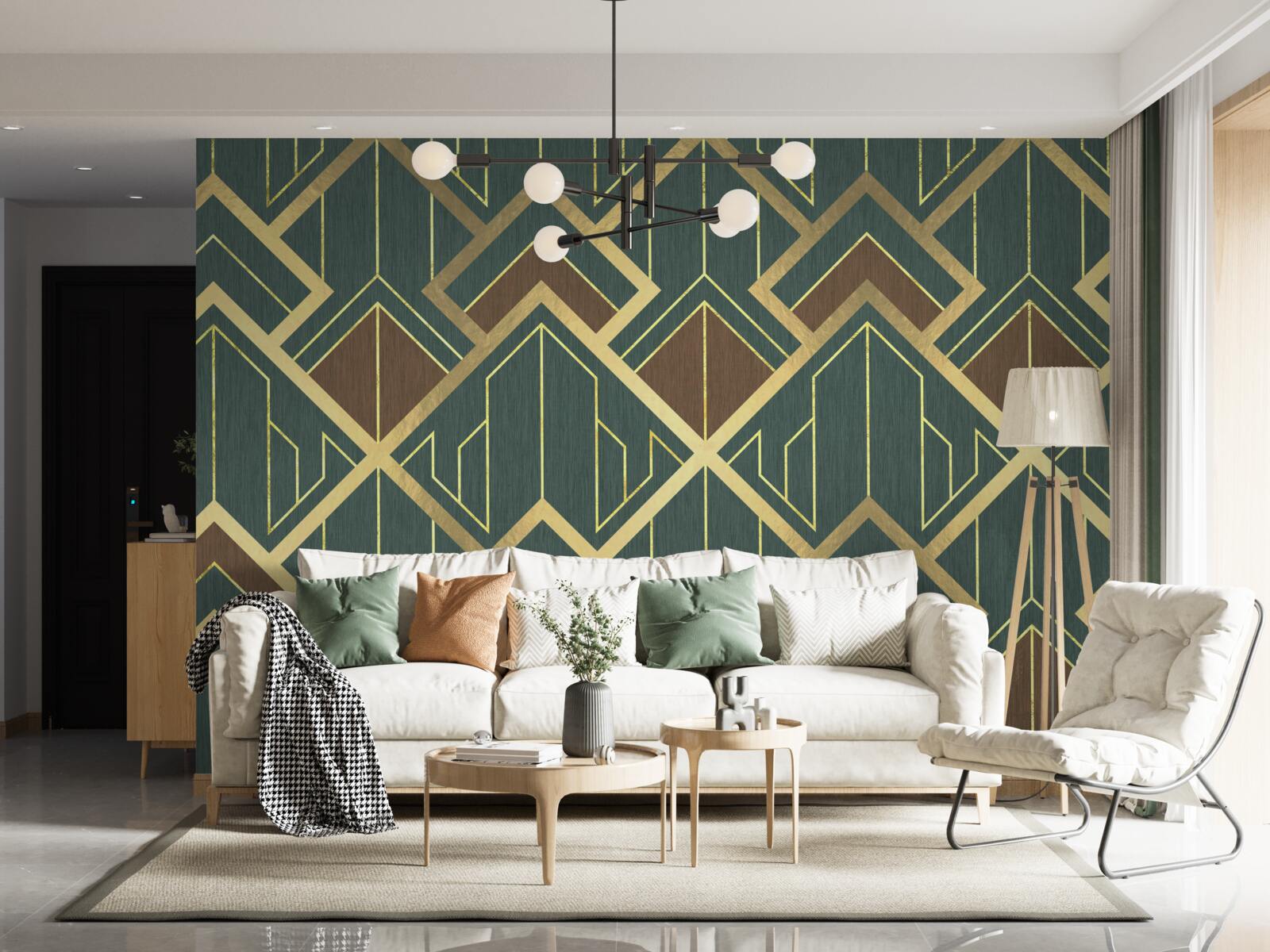 Papier peint un dessin comportant des formes variées et des lignes d'or