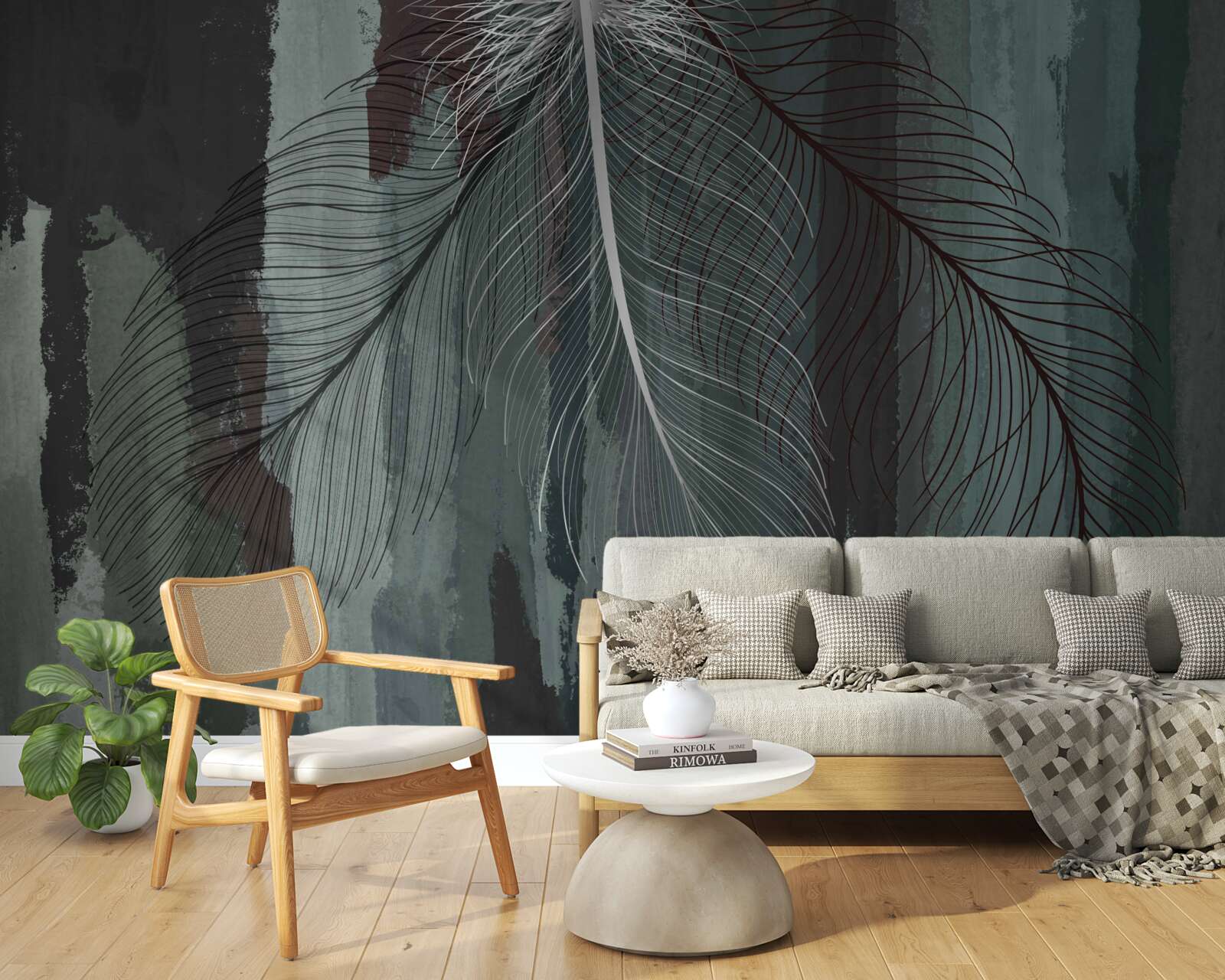 Papier peint fond sombre décoré de plumes tropicales