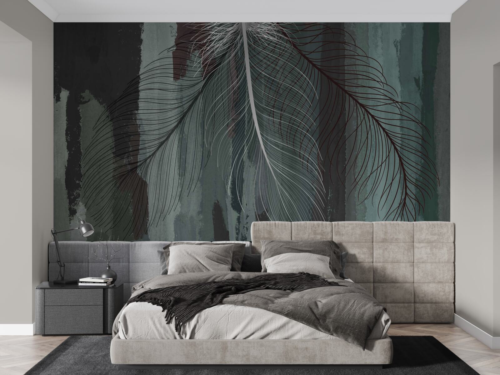 Papier peint fond sombre décoré de plumes tropicales