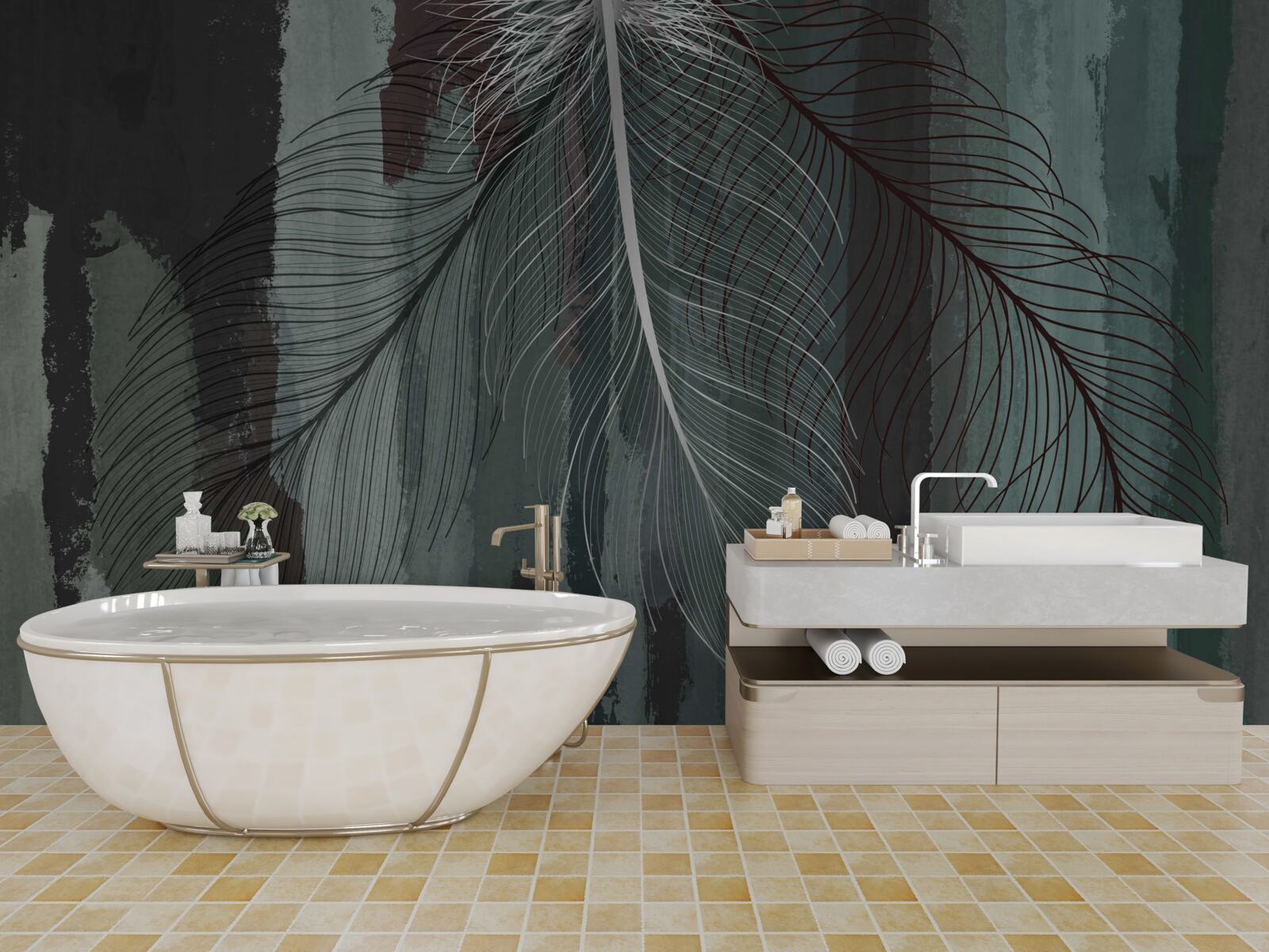 Papier peint fond sombre décoré de plumes tropicales