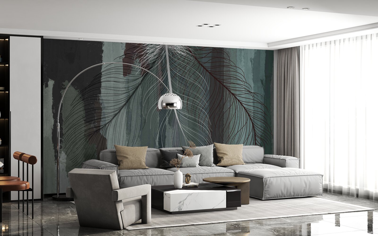 Papier peint fond sombre décoré de plumes tropicales