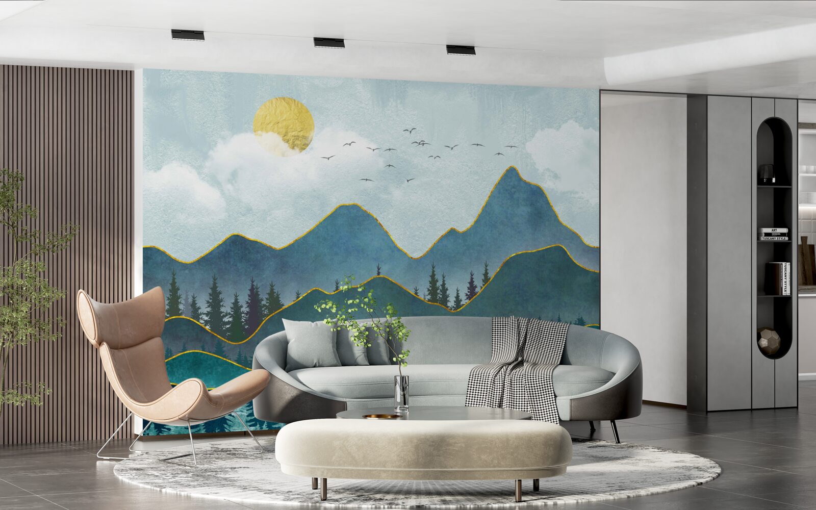 Papier peint image graphique d'une vallée fluviale et d'un arbre de montagne