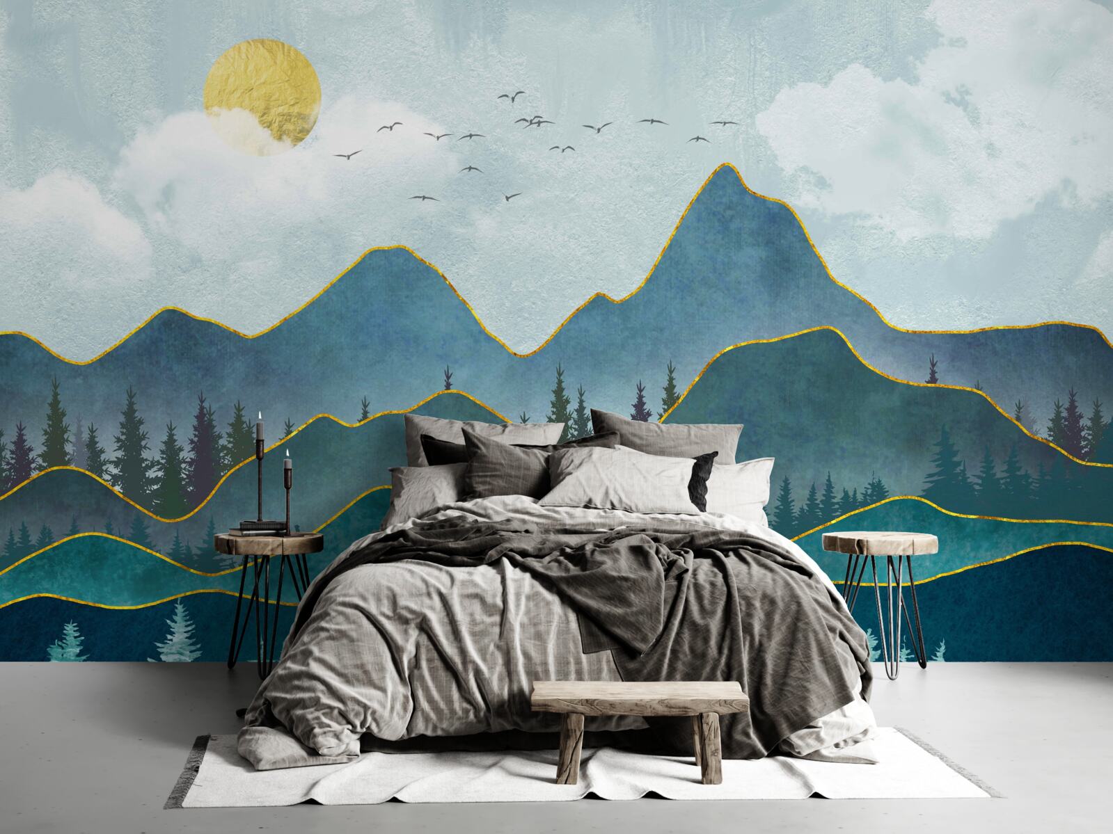 Papier peint image graphique d'une vallée fluviale et d'un arbre de montagne