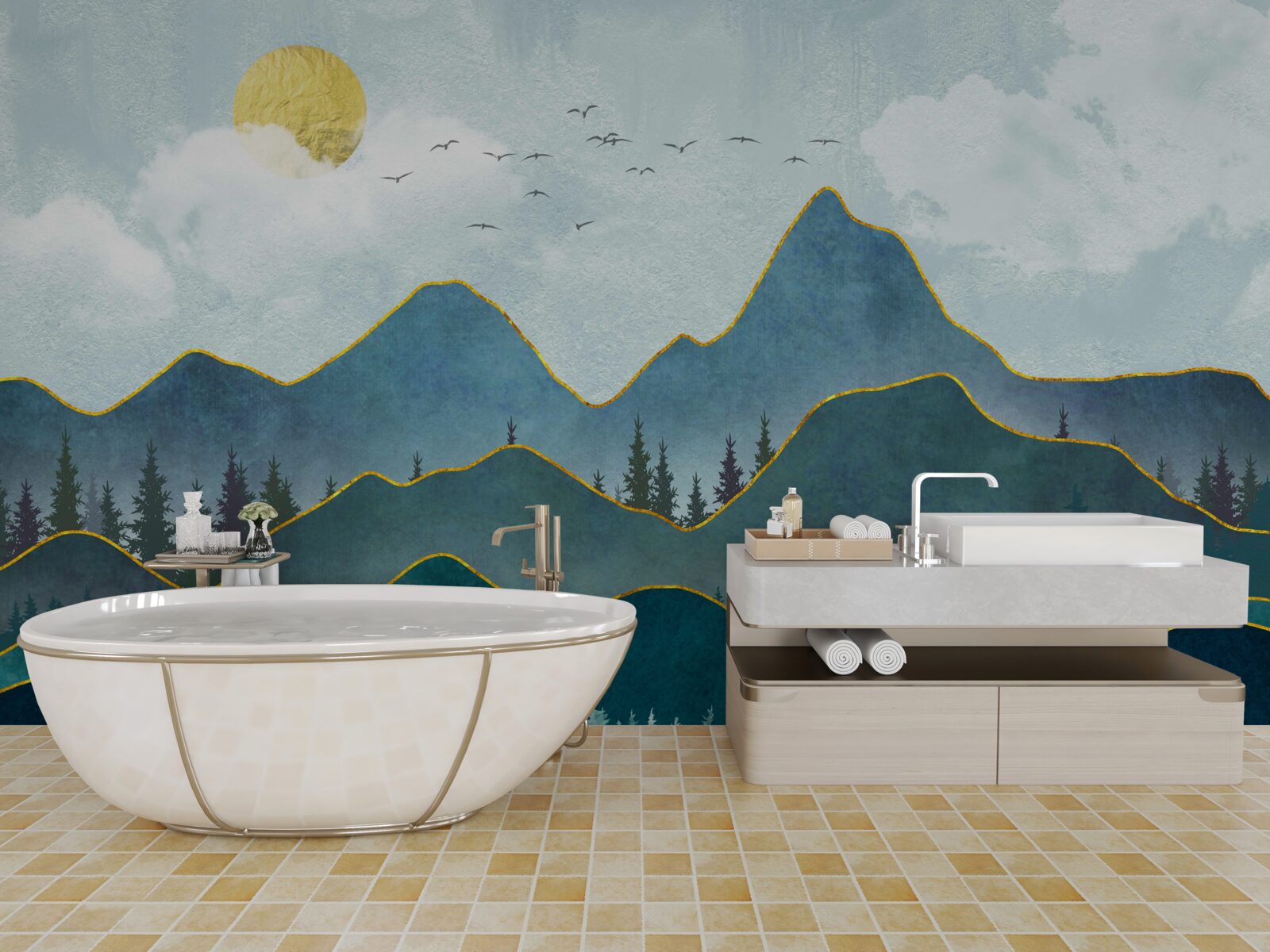 Papier peint image graphique d'une vallée fluviale et d'un arbre de montagne