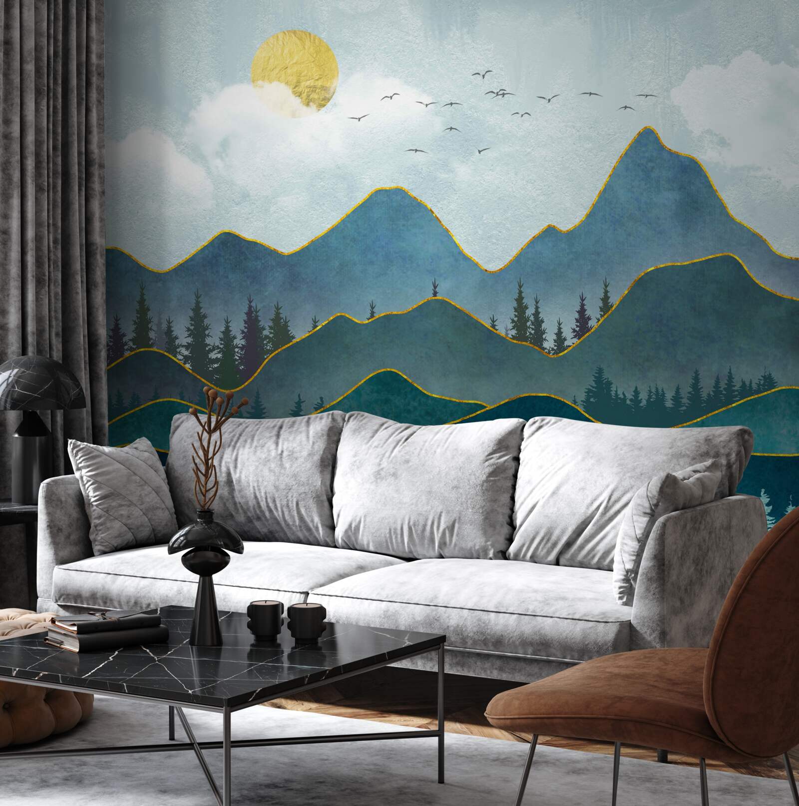 Papier peint image graphique d'une vallée fluviale et d'un arbre de montagne