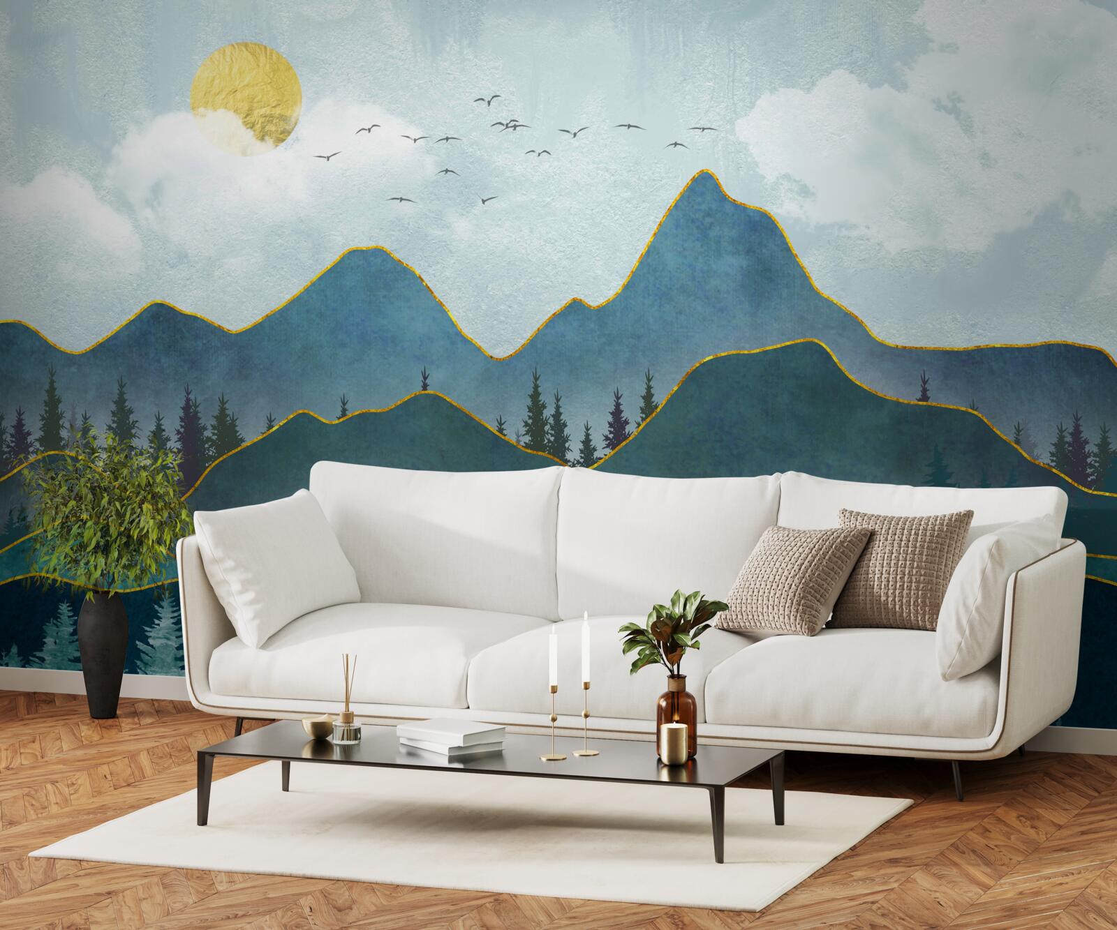 Papier peint image graphique d'une vallée fluviale et d'un arbre de montagne