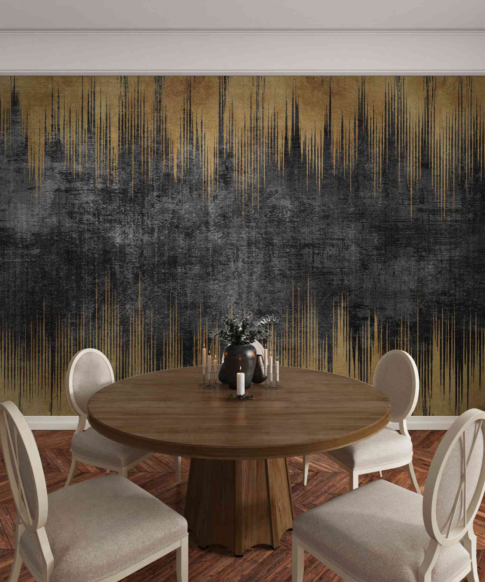 Papier peint rayures noires et or