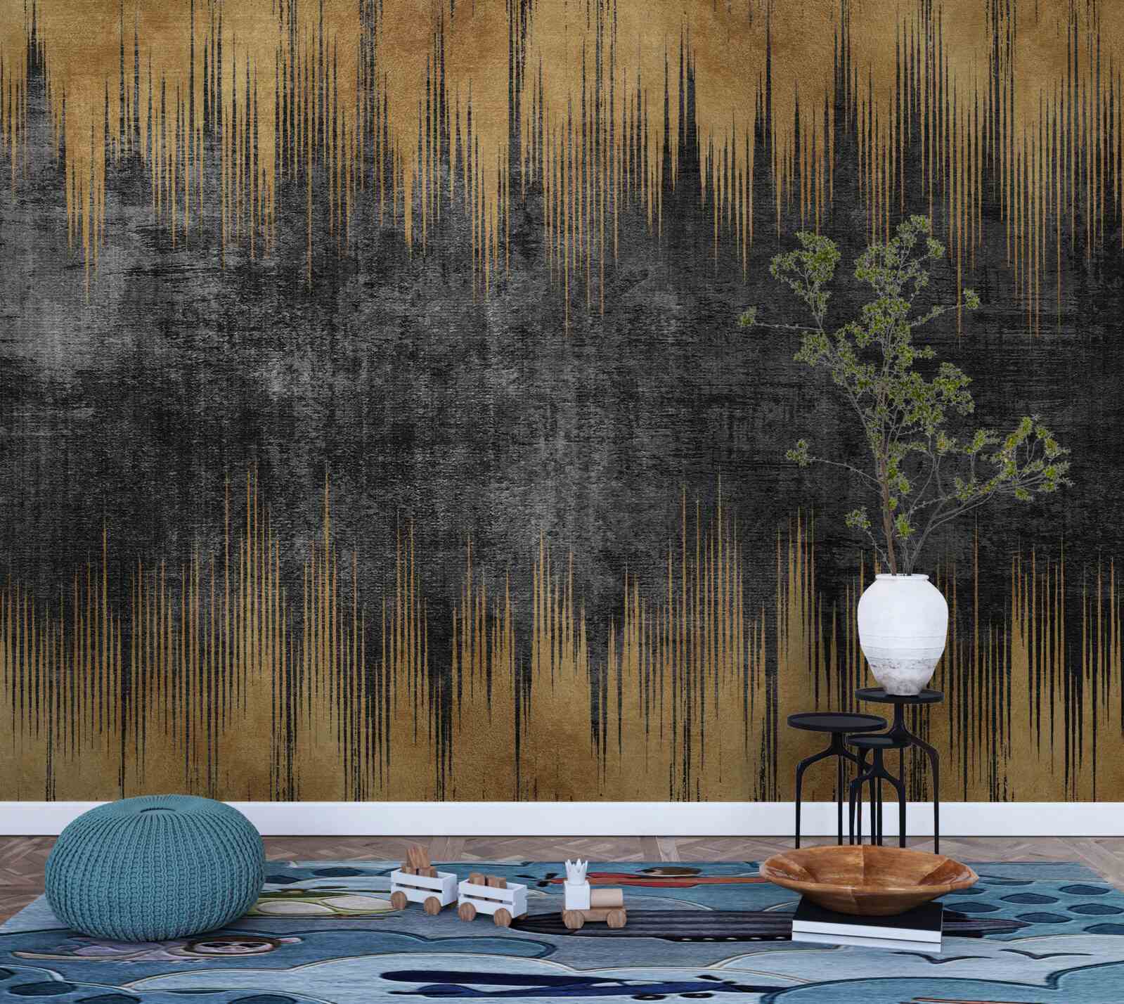 Papier peint rayures noires et or