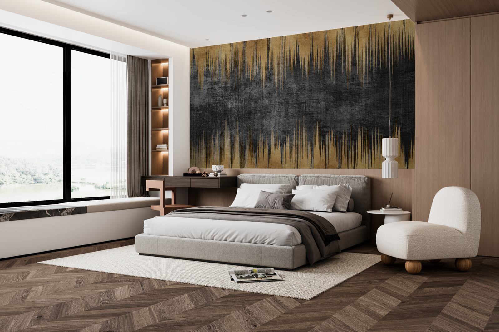 Papier peint rayures noires et or