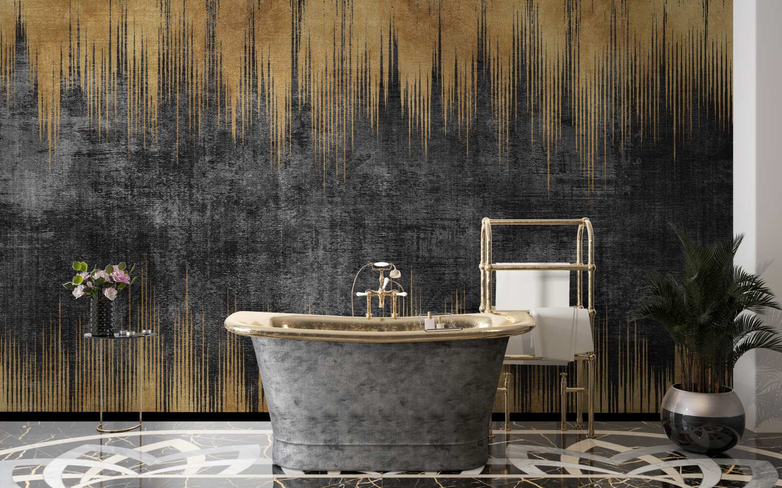 Papier peint rayures noires et or