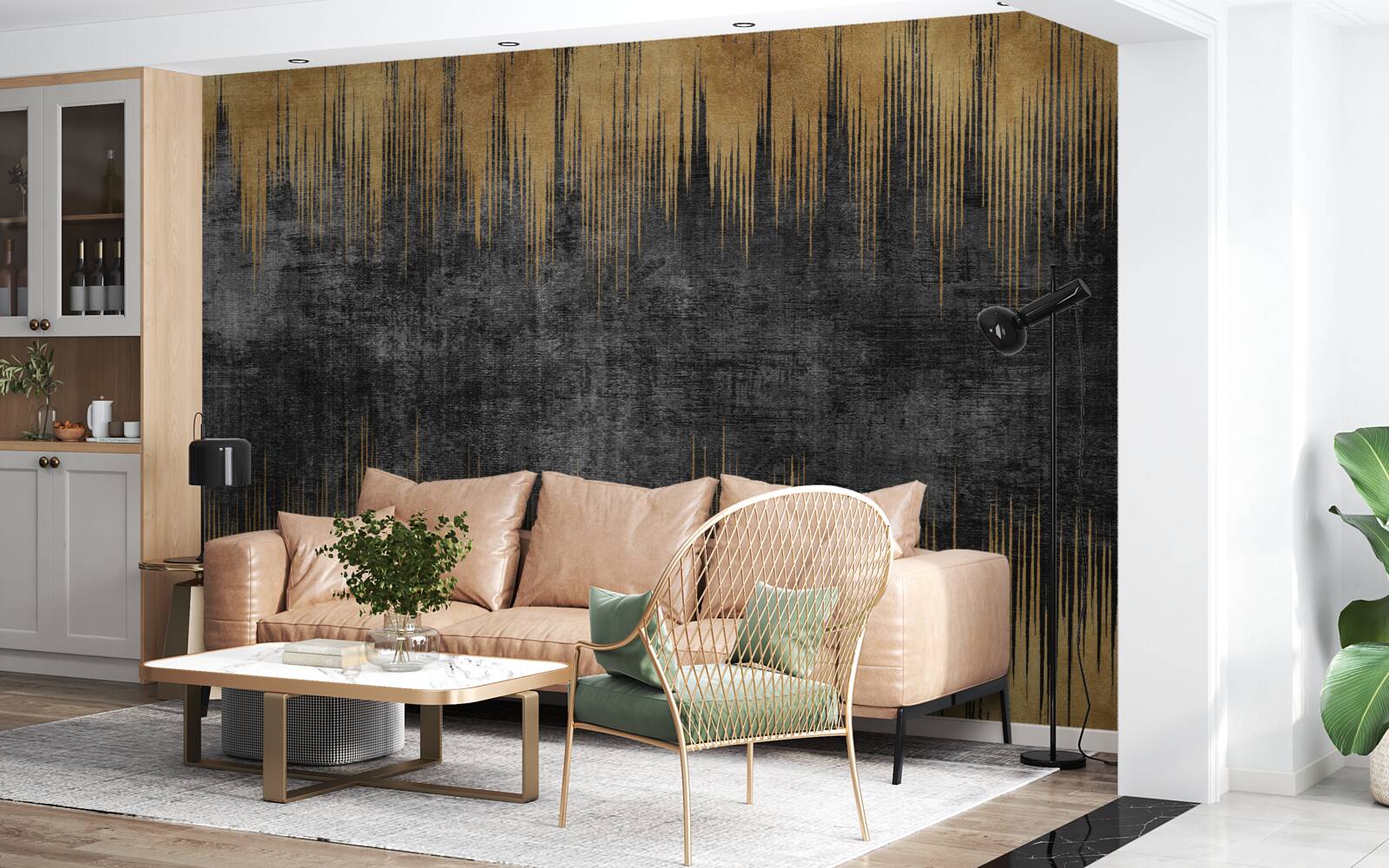 Papier peint rayures noires et or