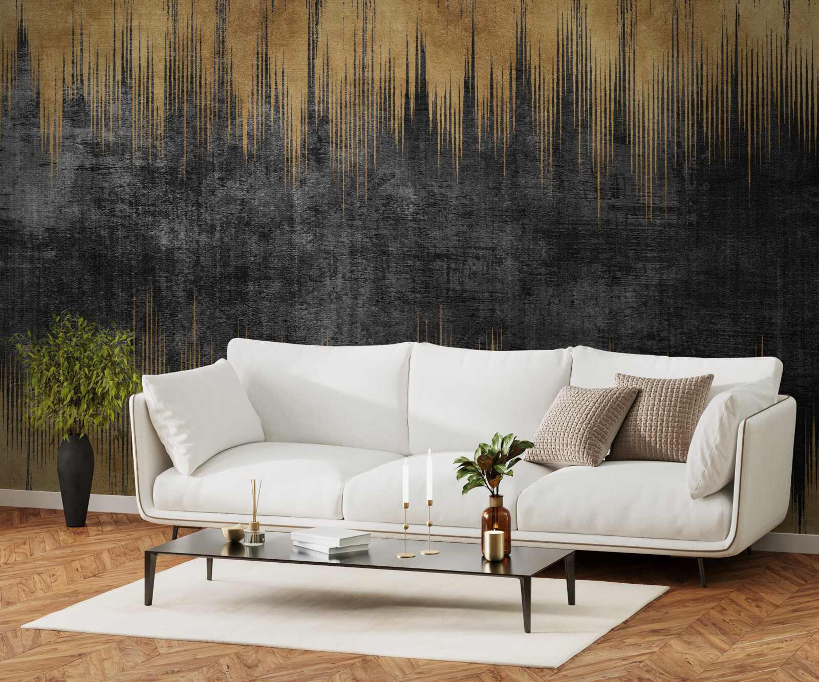 Papier peint rayures noires et or