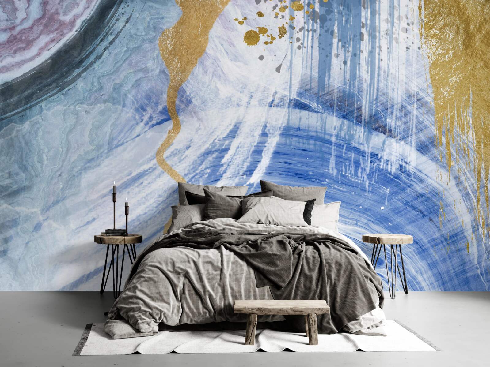 Papier peint ruisseaux bruns sur fond de taches bleues