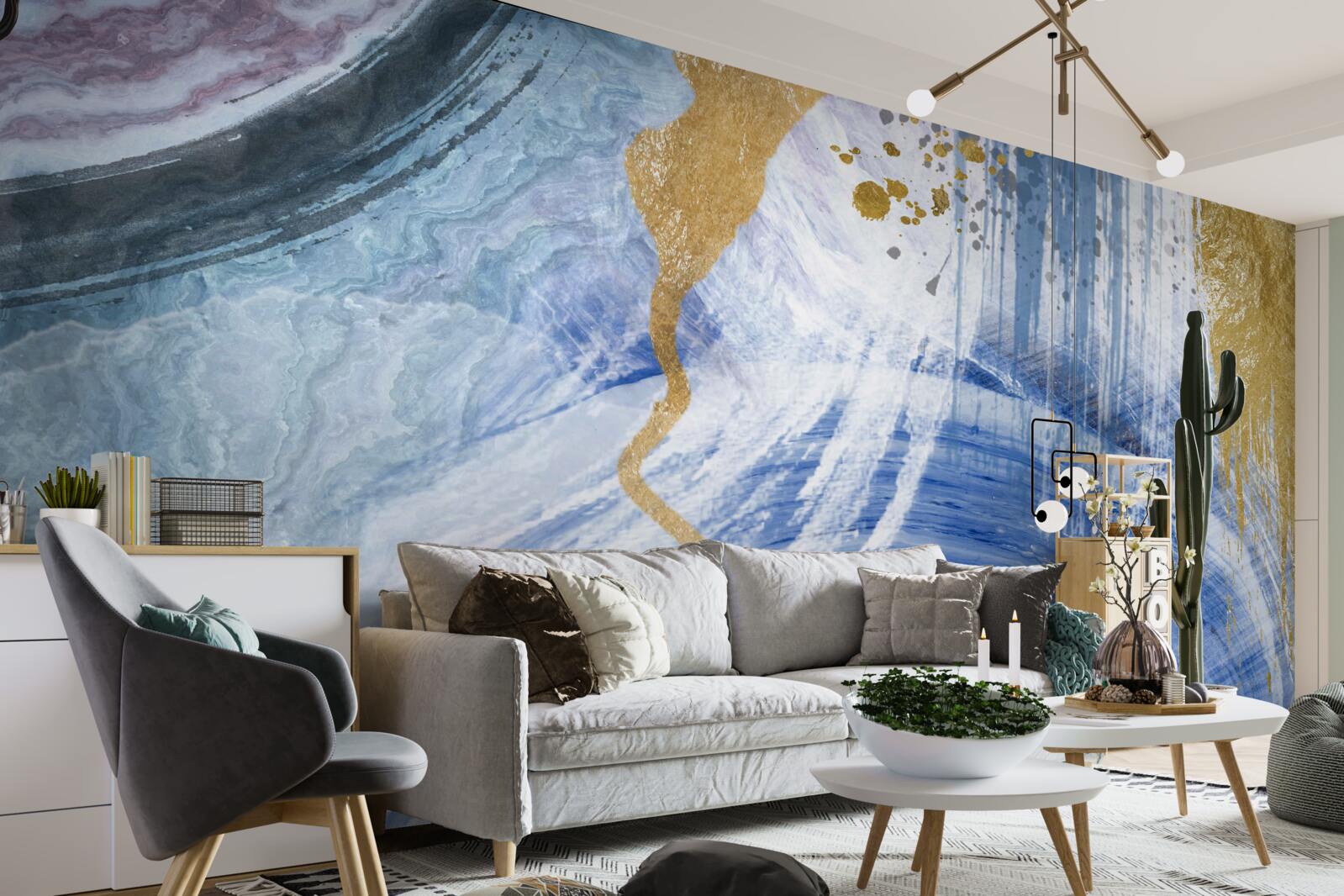 Papier peint ruisseaux bruns sur fond de taches bleues