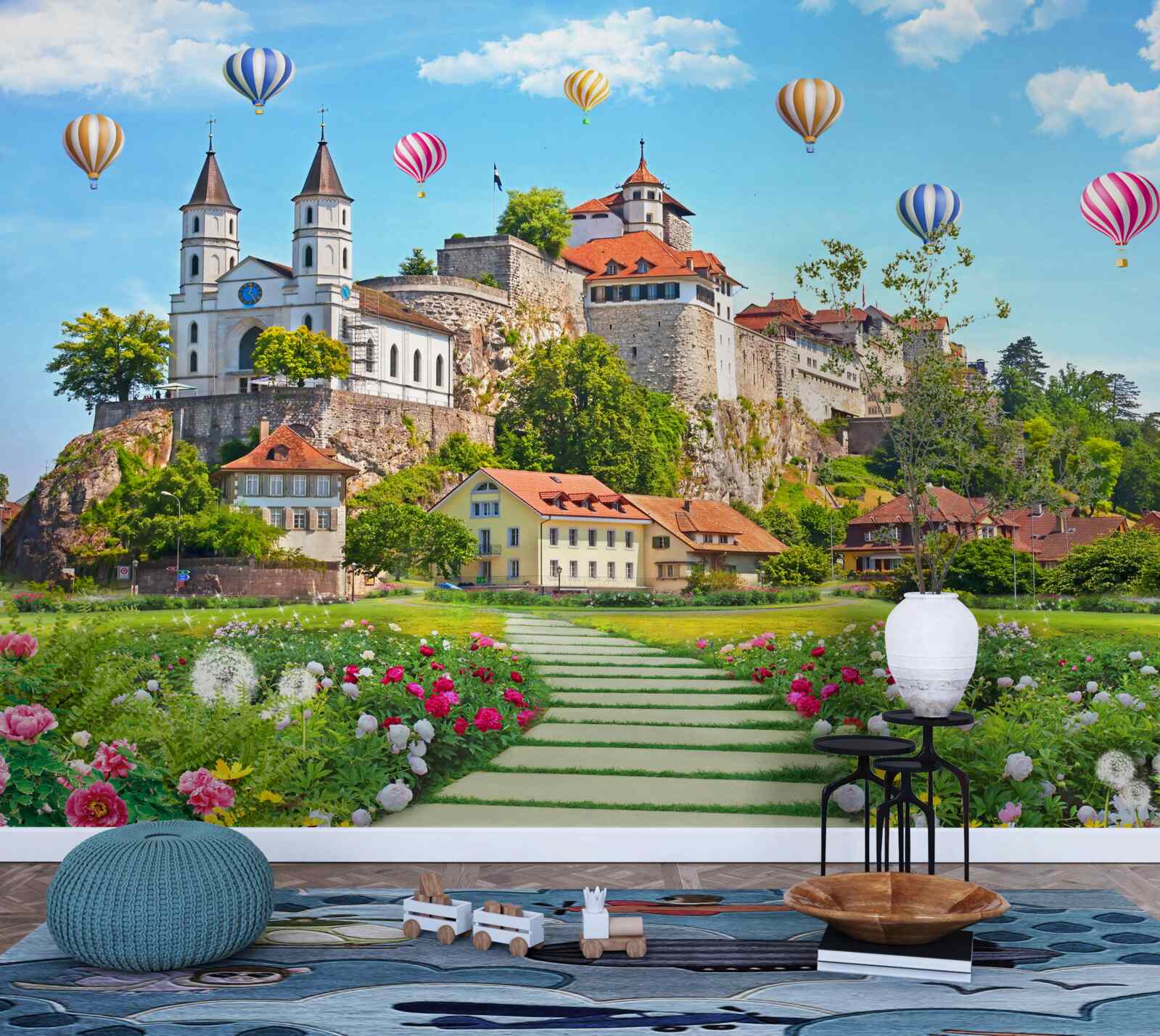 Papier peint des ballons multicolores s'envolent au-dessus des toits de la ville