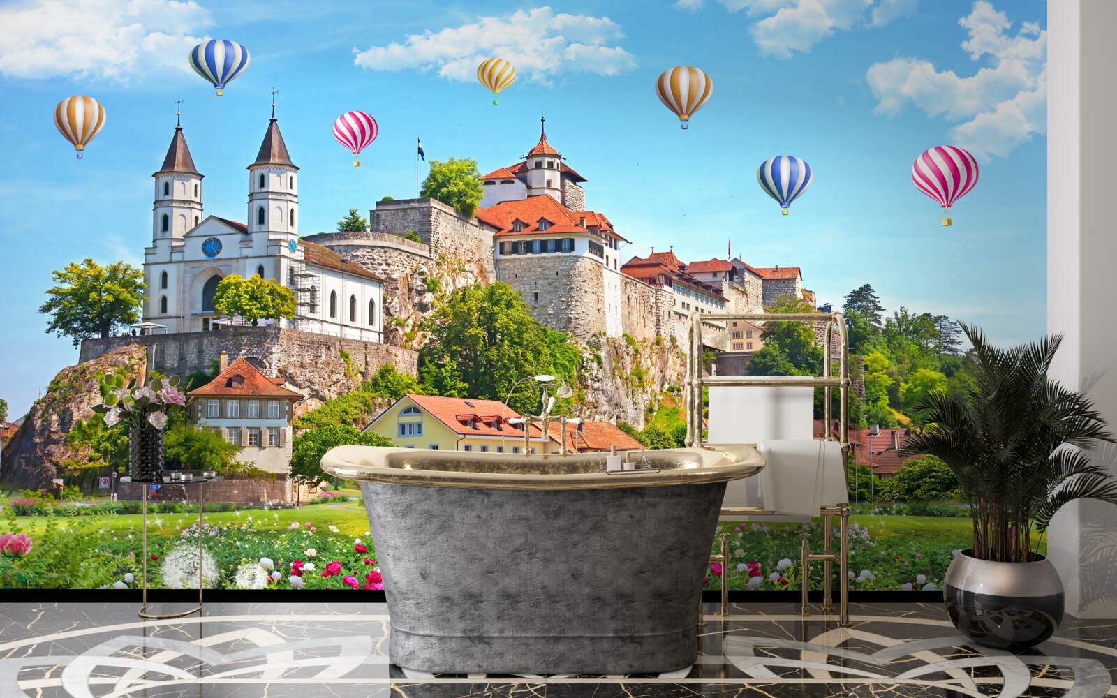 Papier peint des ballons multicolores s'envolent au-dessus des toits de la ville