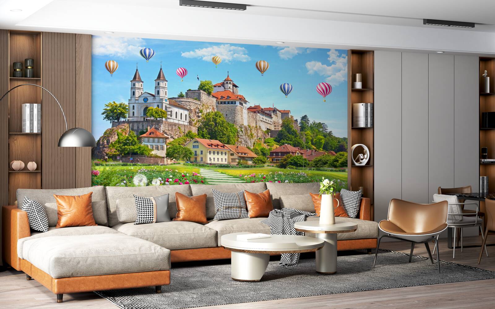 Papier peint des ballons multicolores s'envolent au-dessus des toits de la ville