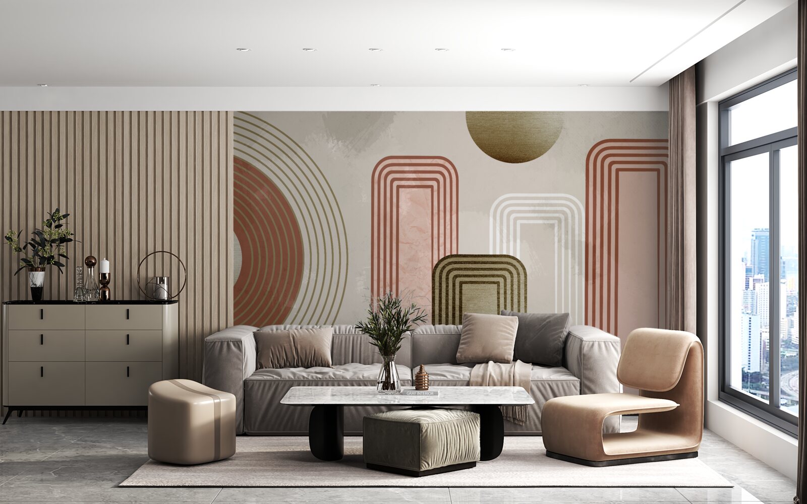 Papier peint courbes douces sur fond gris