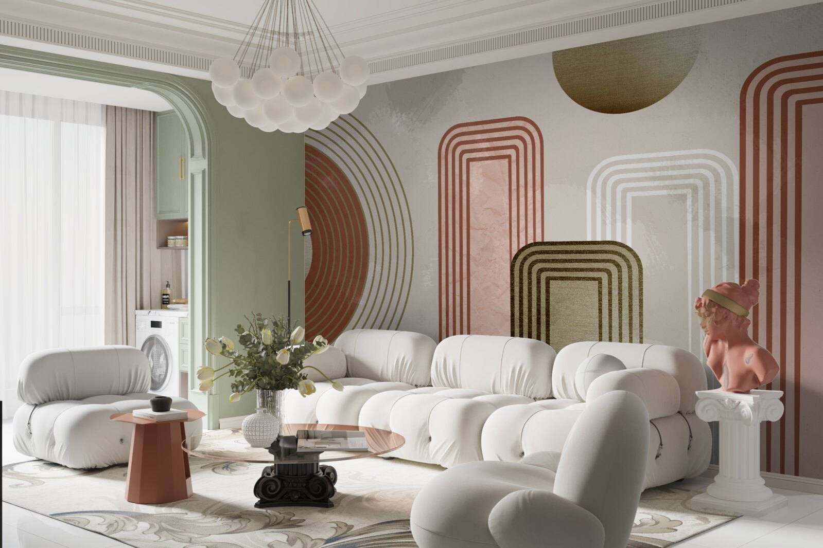 Papier peint courbes douces sur fond gris