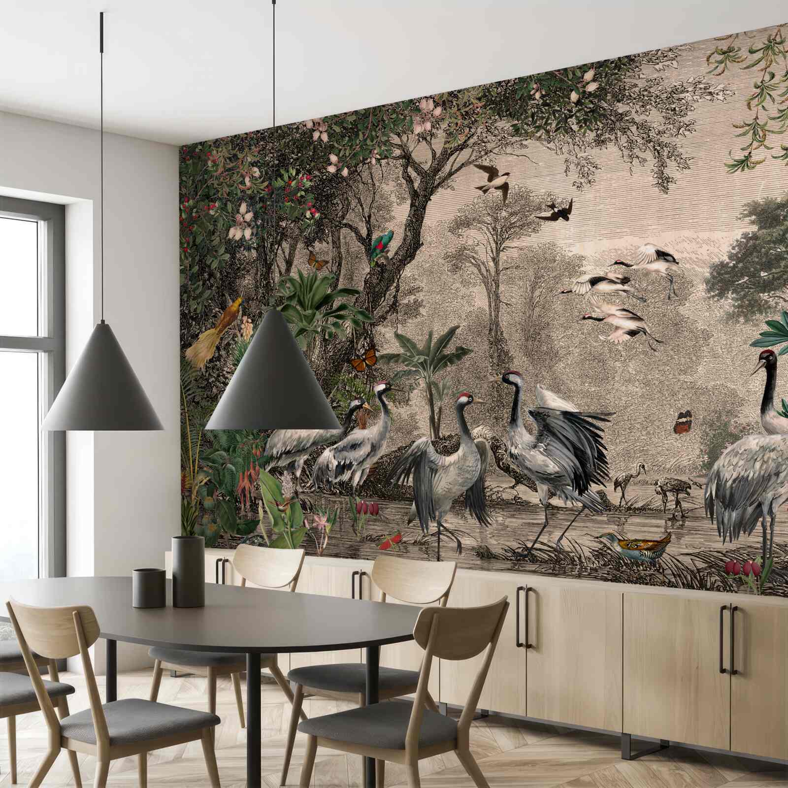 Papier peint groupe de grues près d'un étang forestier