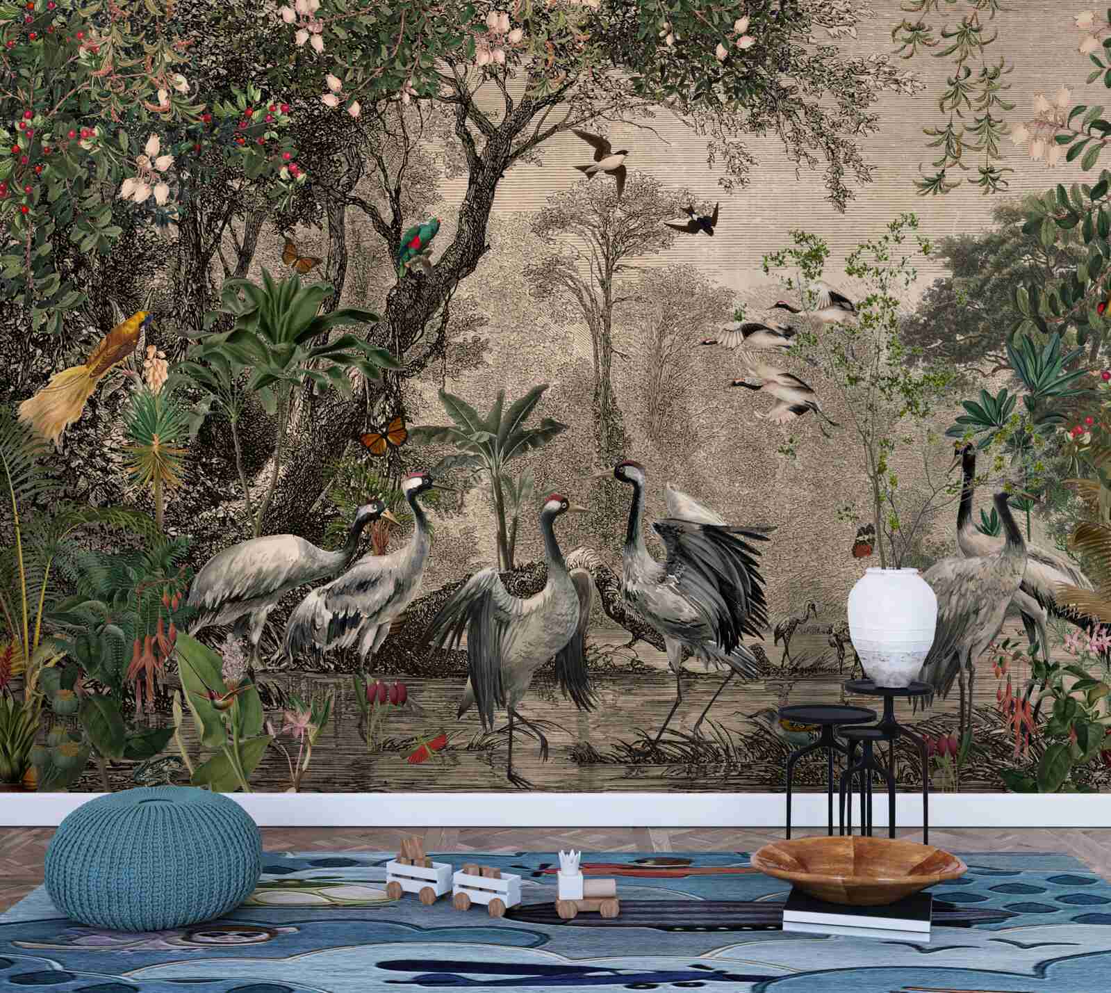 Papier peint groupe de grues près d'un étang forestier