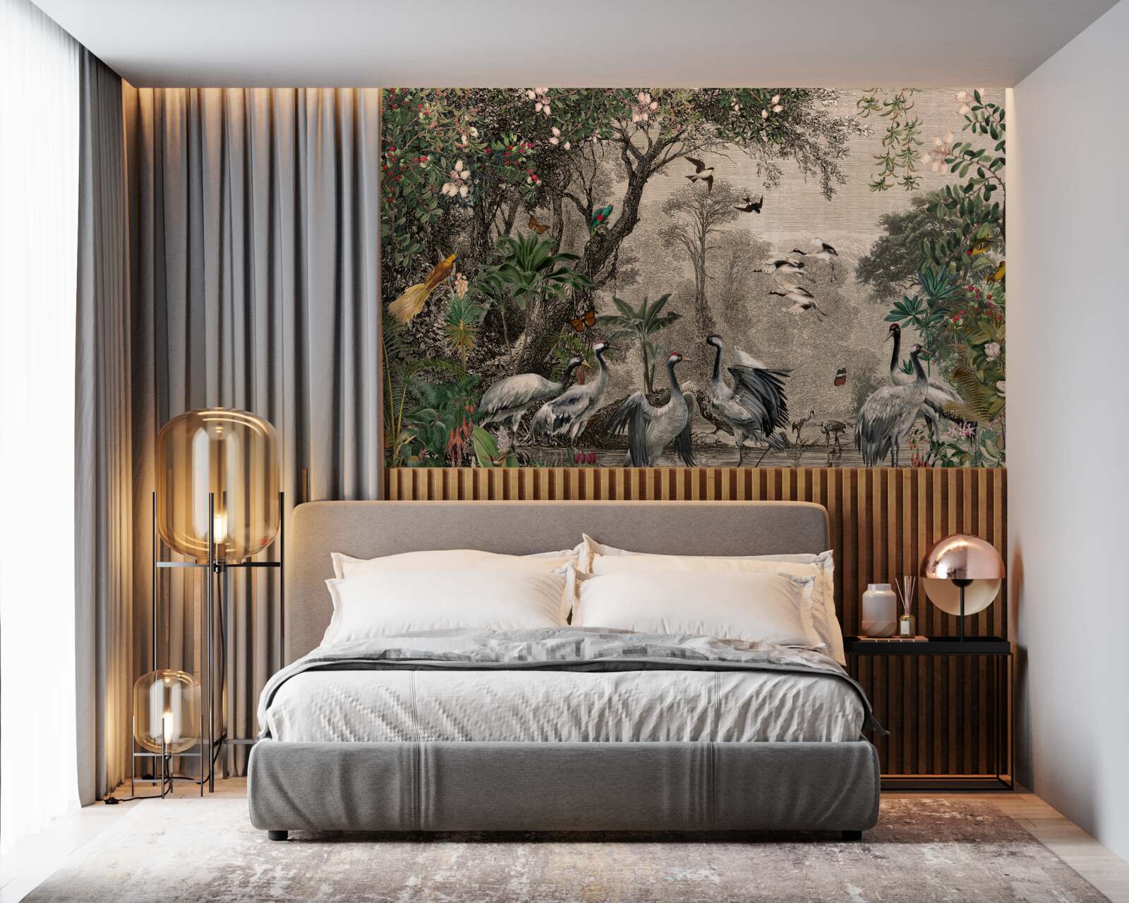 Papier peint groupe de grues près d'un étang forestier