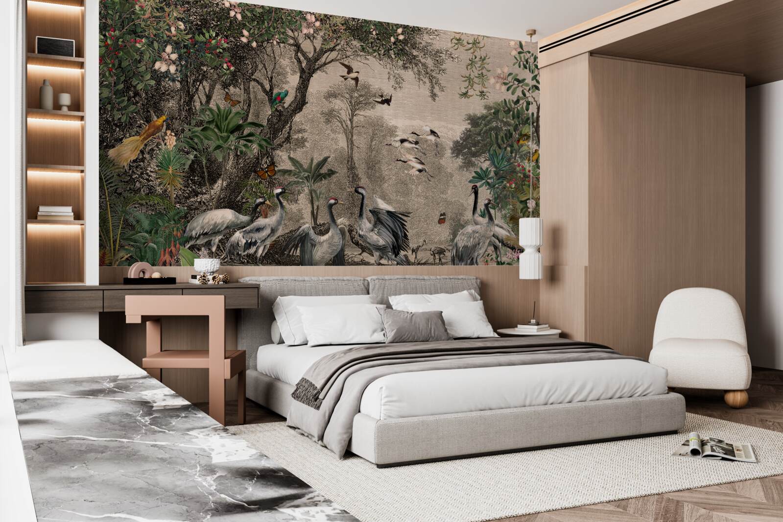 Papier peint groupe de grues près d'un étang forestier