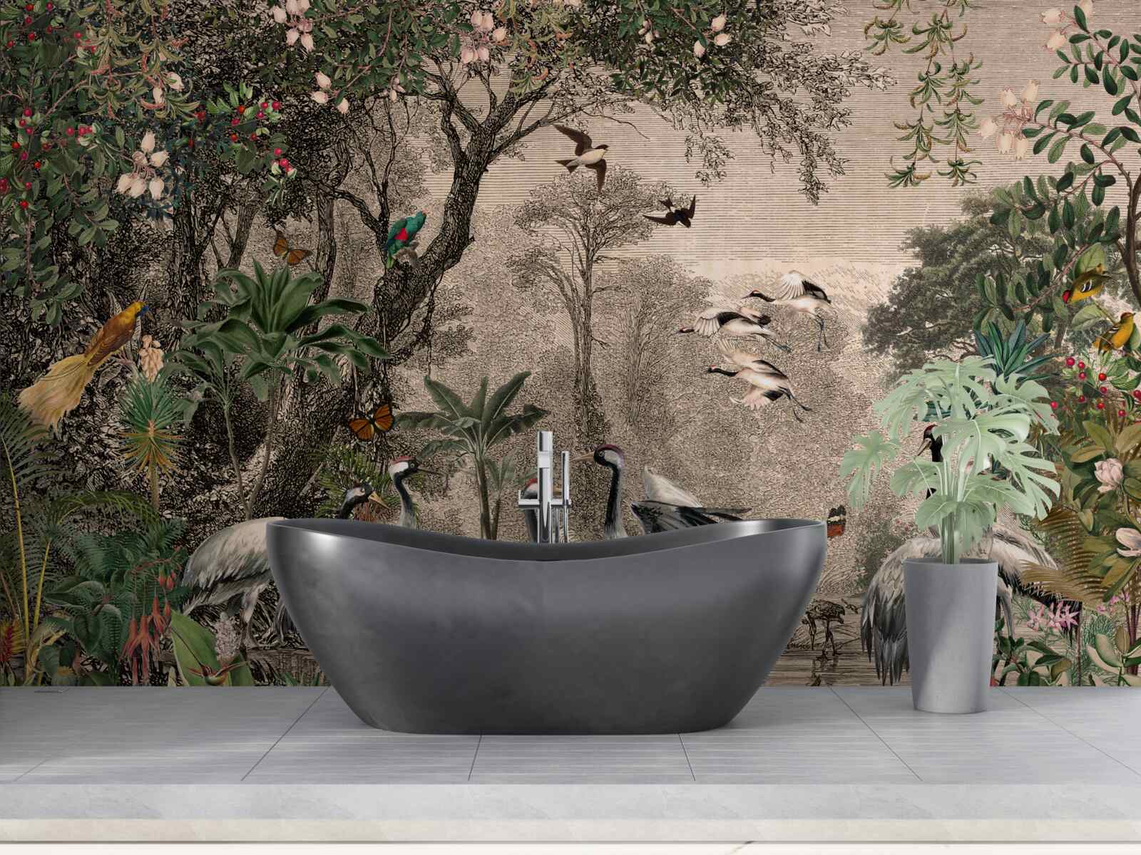 Papier peint groupe de grues près d'un étang forestier