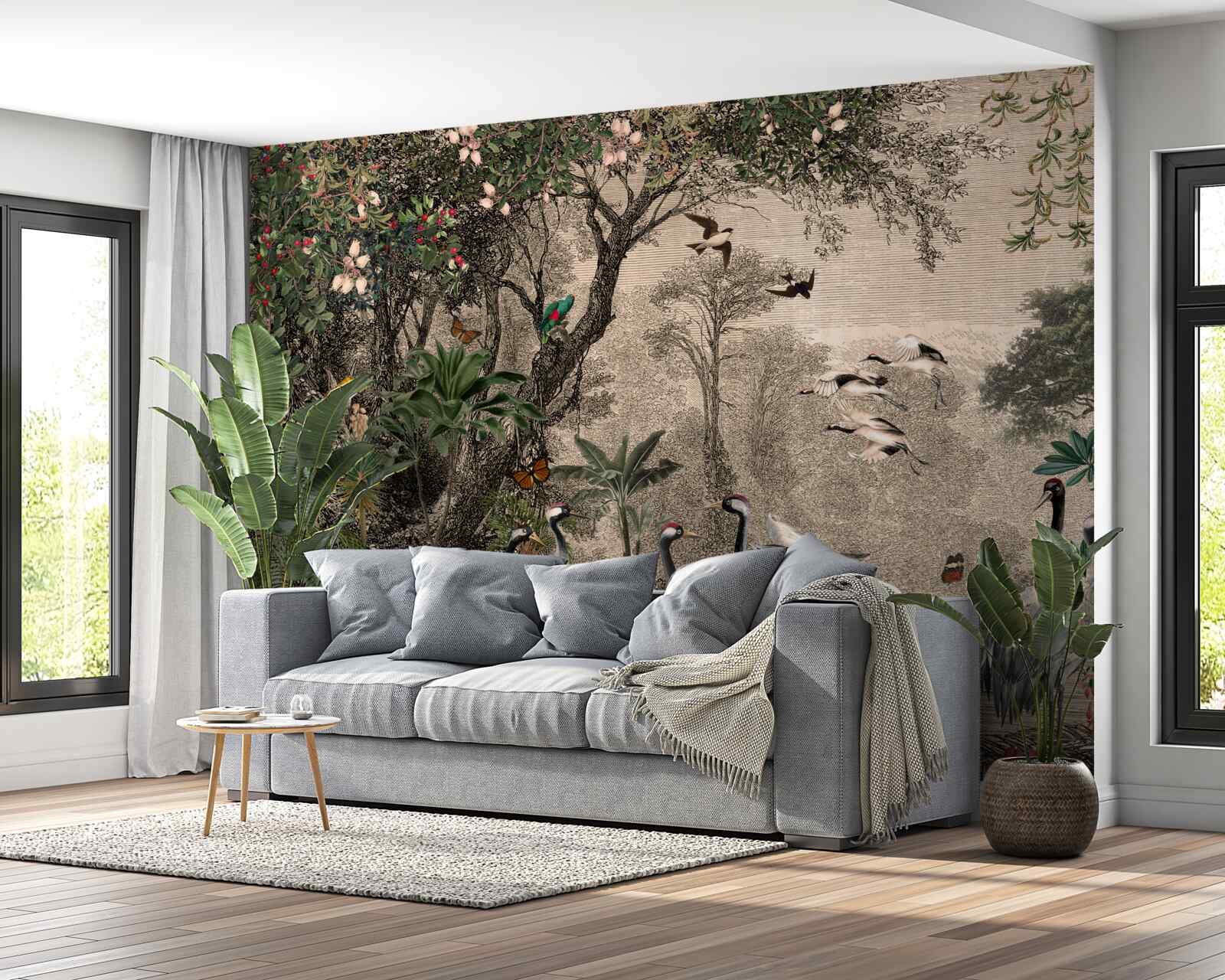 Papier peint groupe de grues près d'un étang forestier