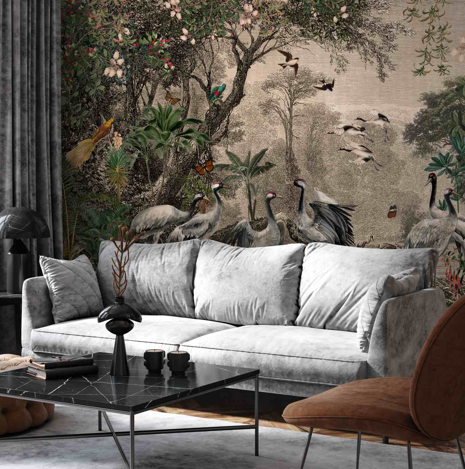 Papier peint groupe de grues près d'un étang forestier