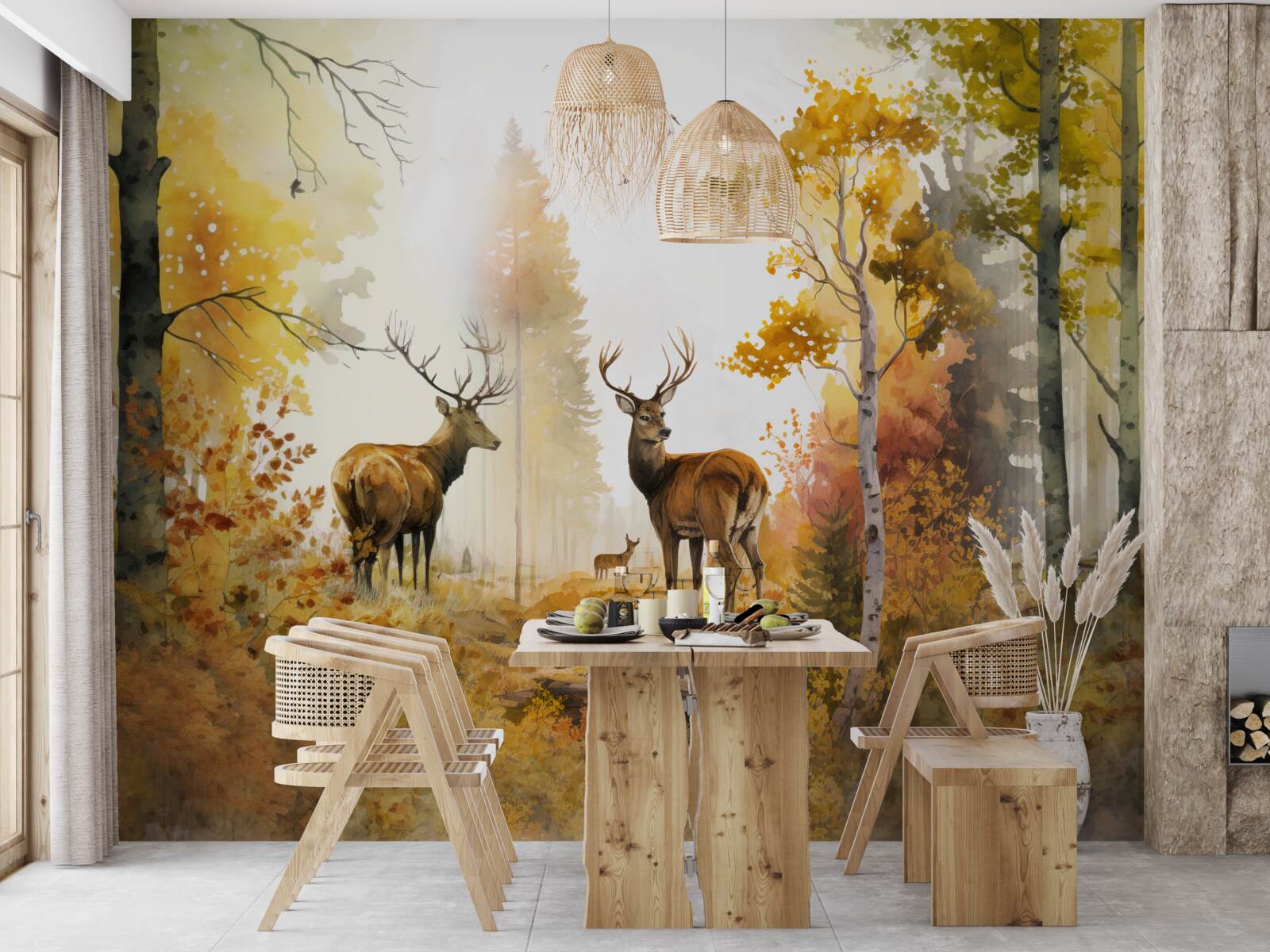 Papier peint La forêt d'automne devient un lieu de promenade pour les cerfs