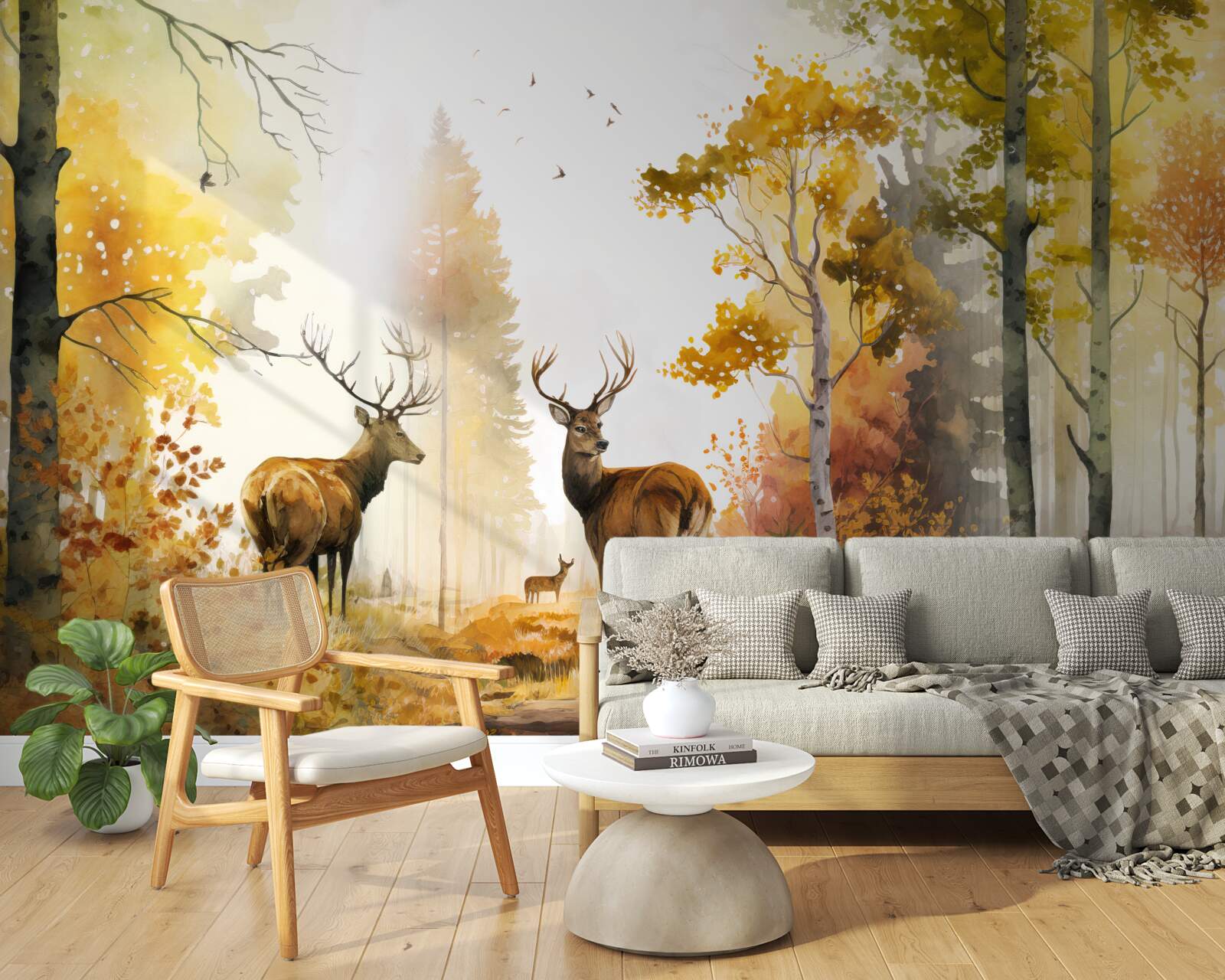 Papier peint La forêt d'automne devient un lieu de promenade pour les cerfs