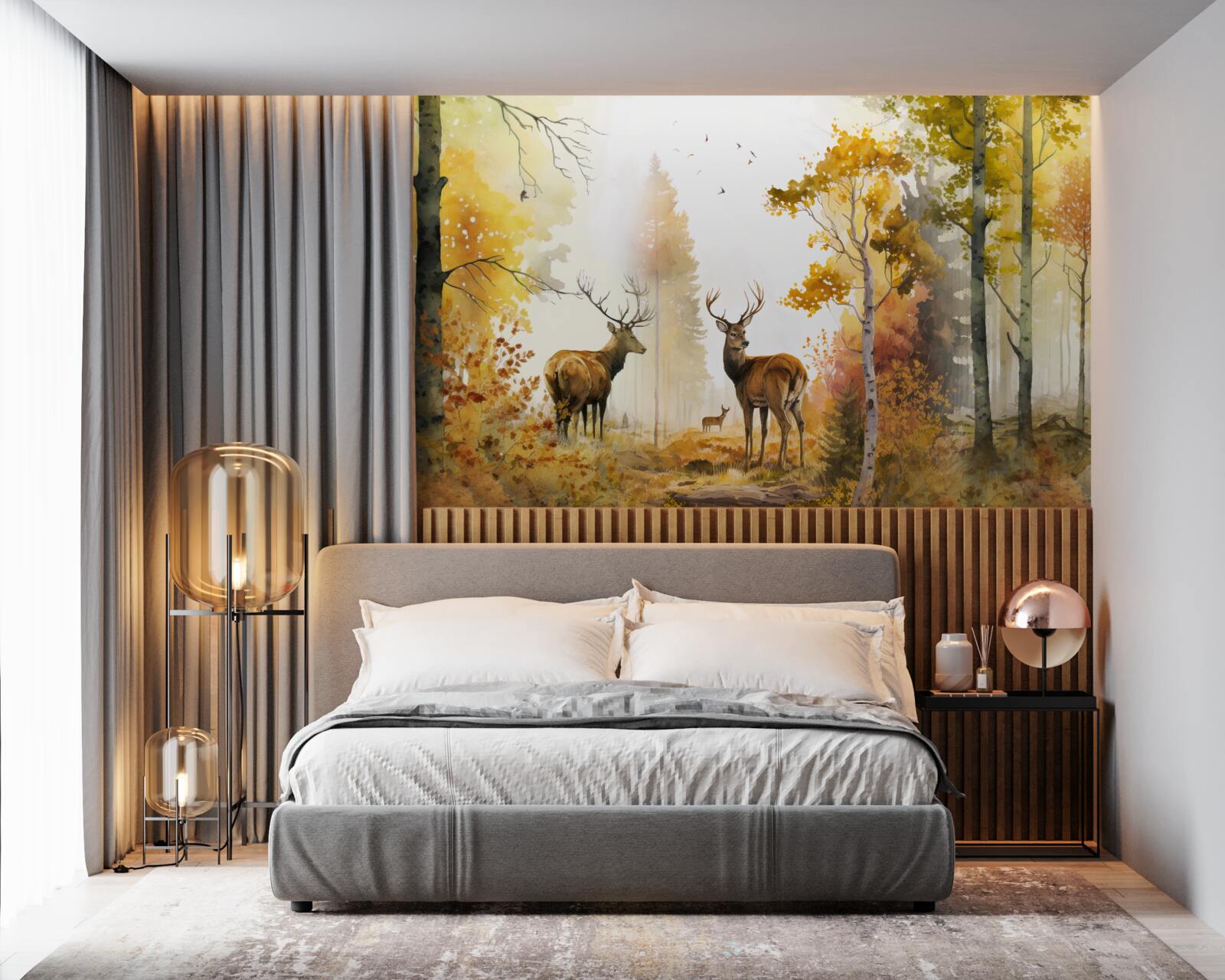 Papier peint La forêt d'automne devient un lieu de promenade pour les cerfs