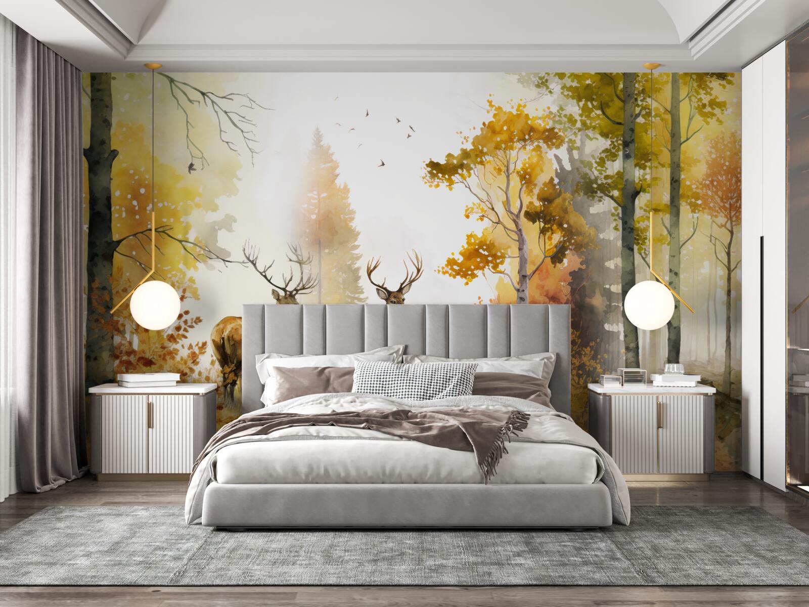 Papier peint La forêt d'automne devient un lieu de promenade pour les cerfs