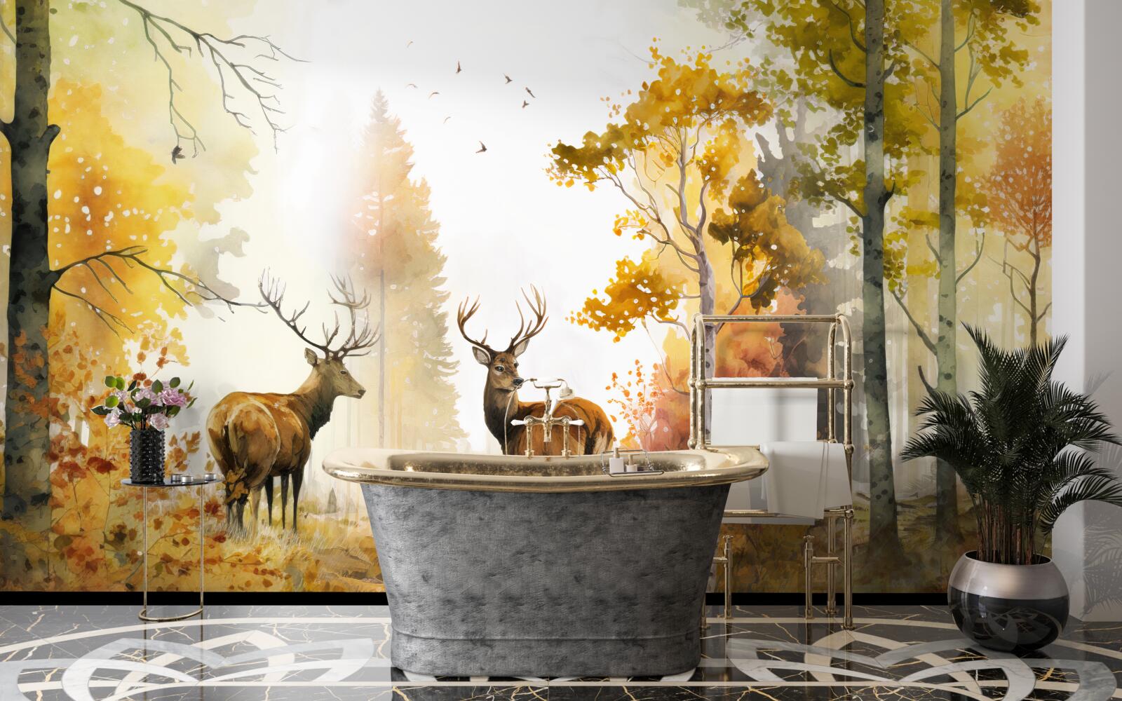 Papier peint La forêt d'automne devient un lieu de promenade pour les cerfs