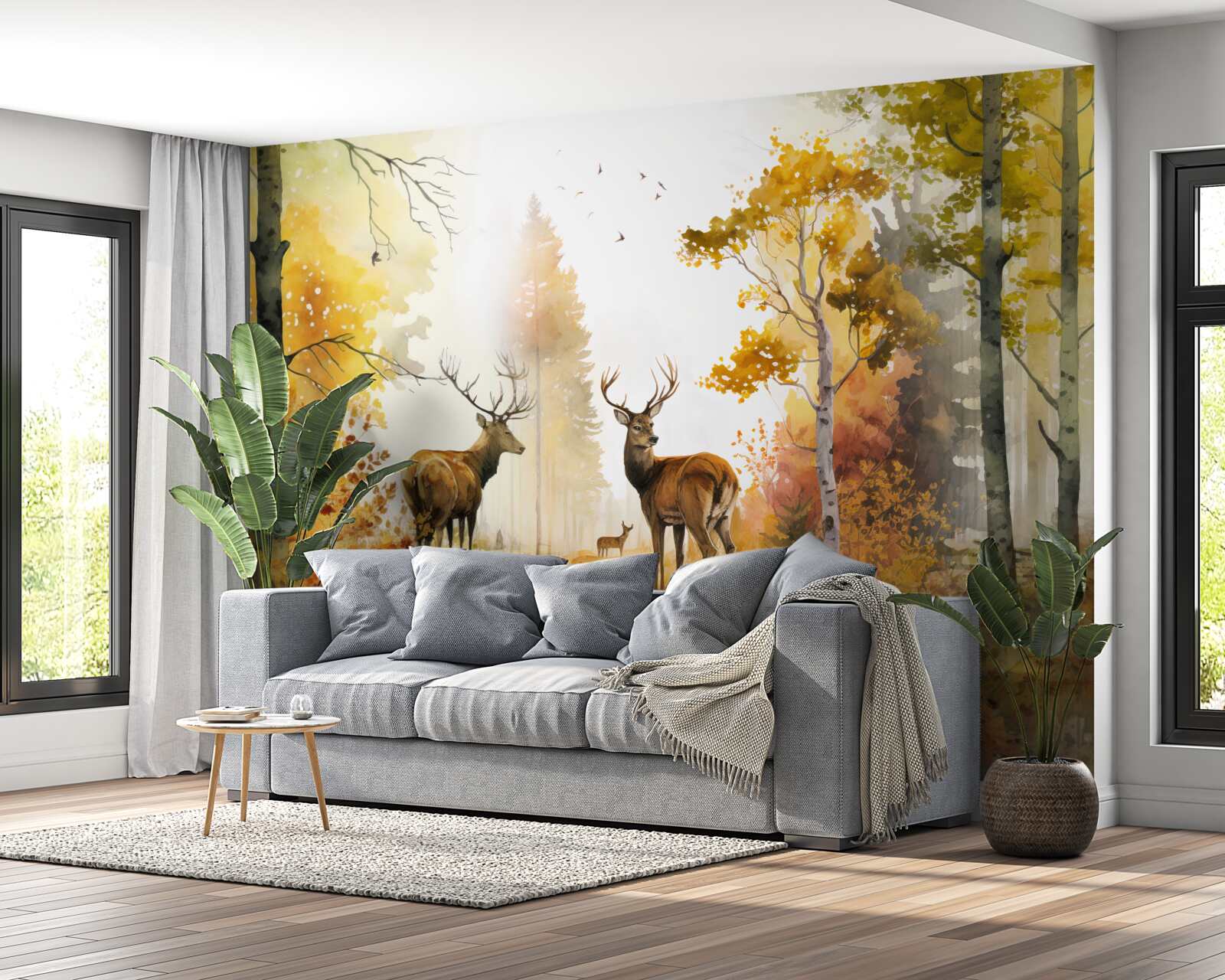 Papier peint La forêt d'automne devient un lieu de promenade pour les cerfs