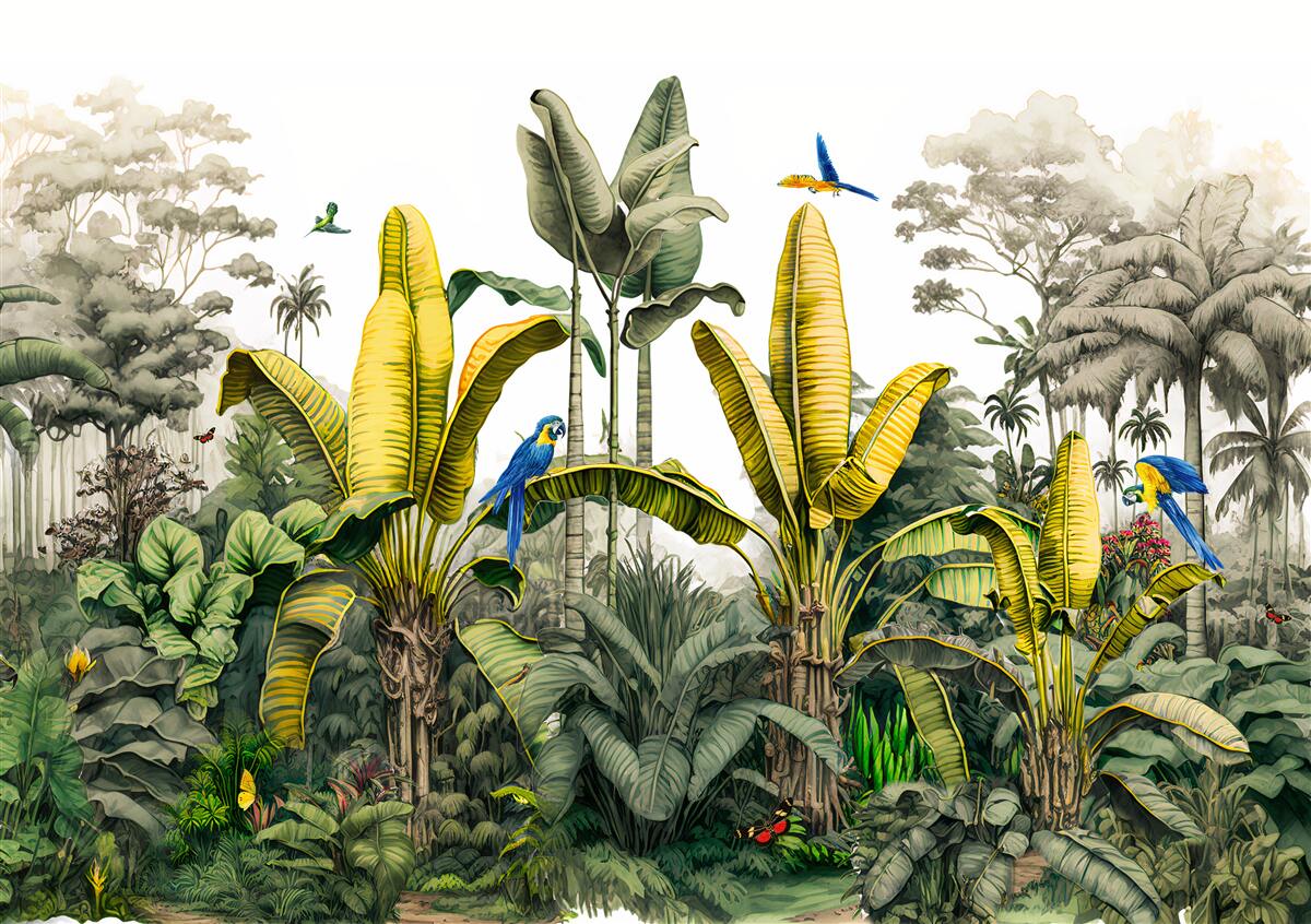 Papier peint les feuilles de fougères dorées scintillent dans la forêt verte