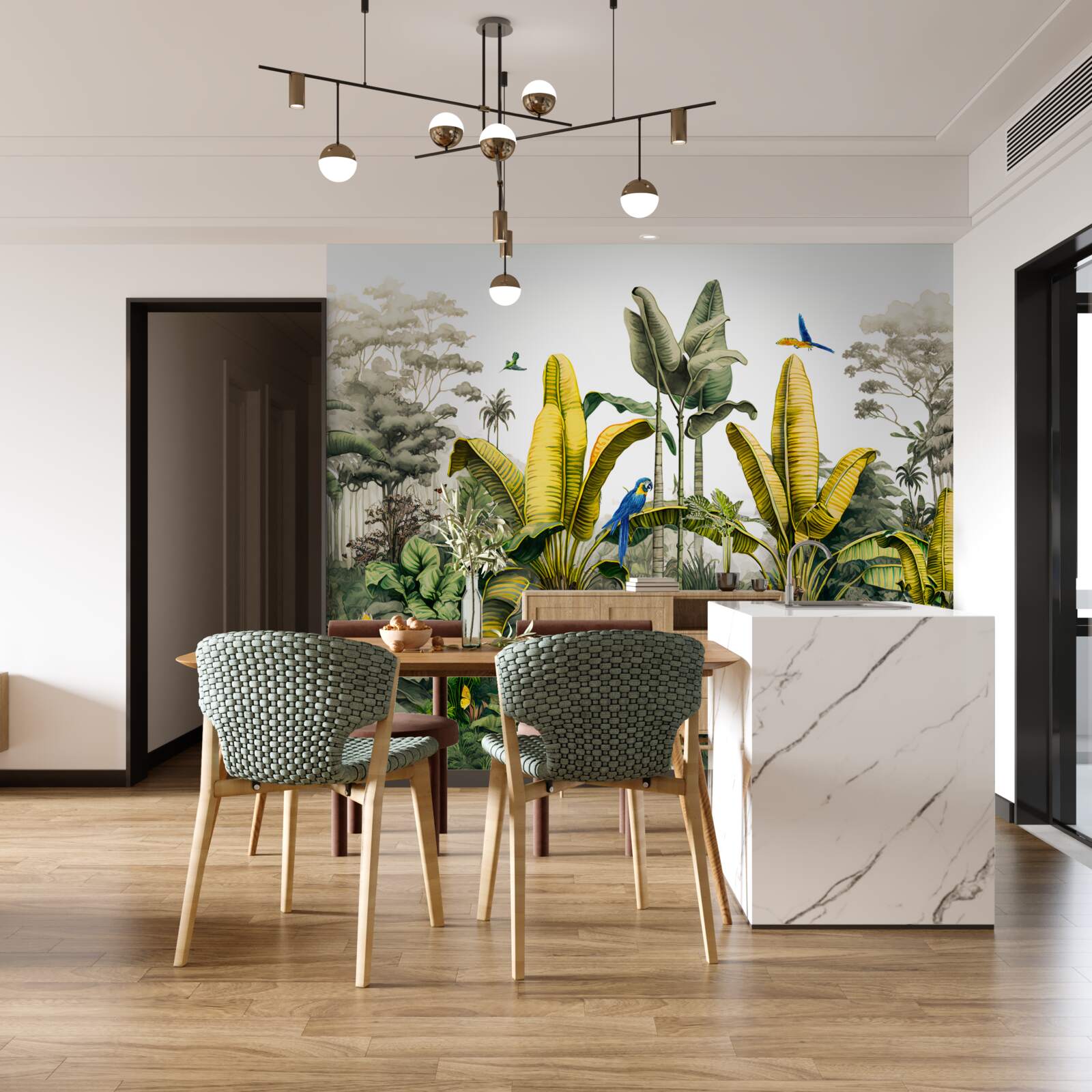 Papier peint les feuilles de fougères dorées scintillent dans la forêt verte