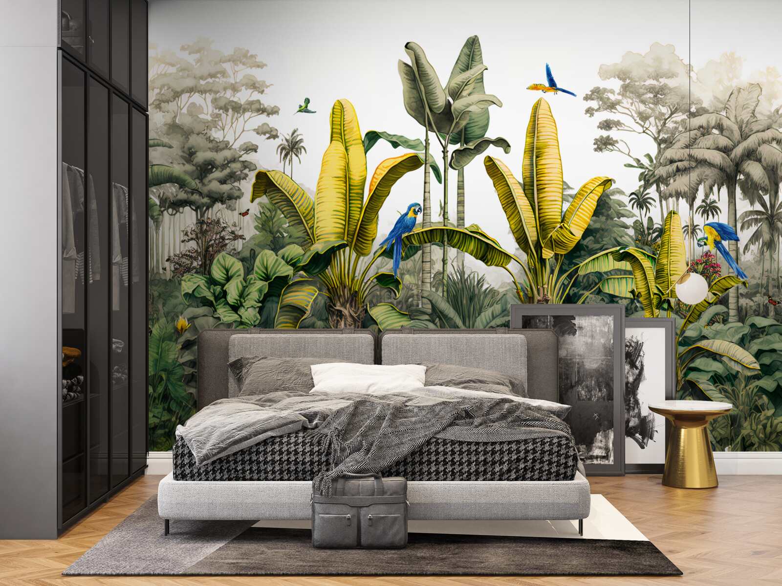 Papier peint les feuilles de fougères dorées scintillent dans la forêt verte