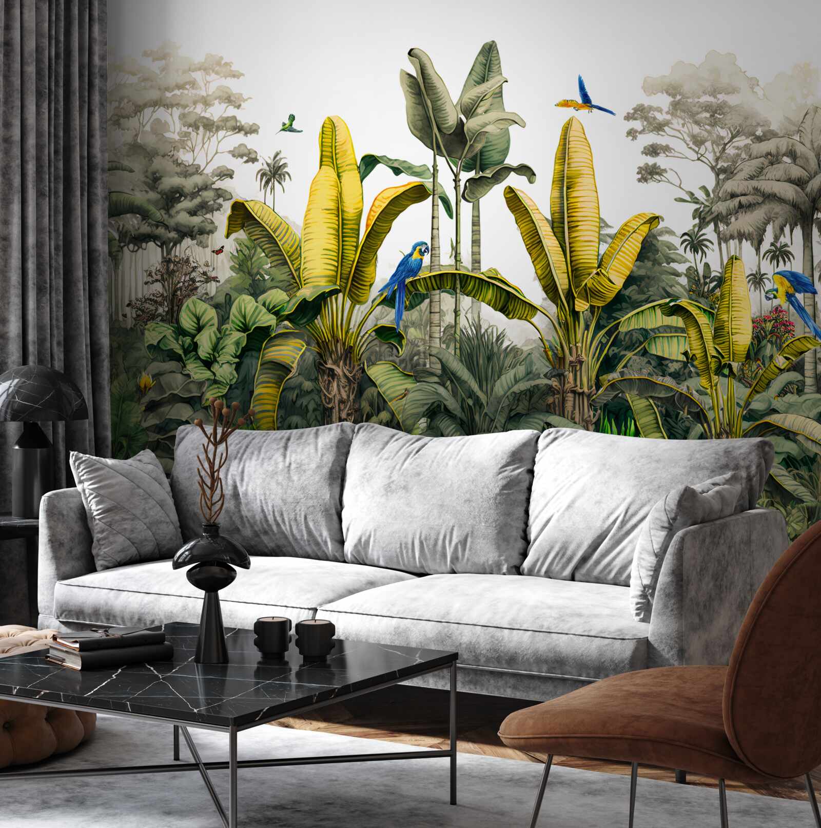 Papier peint les feuilles de fougères dorées scintillent dans la forêt verte