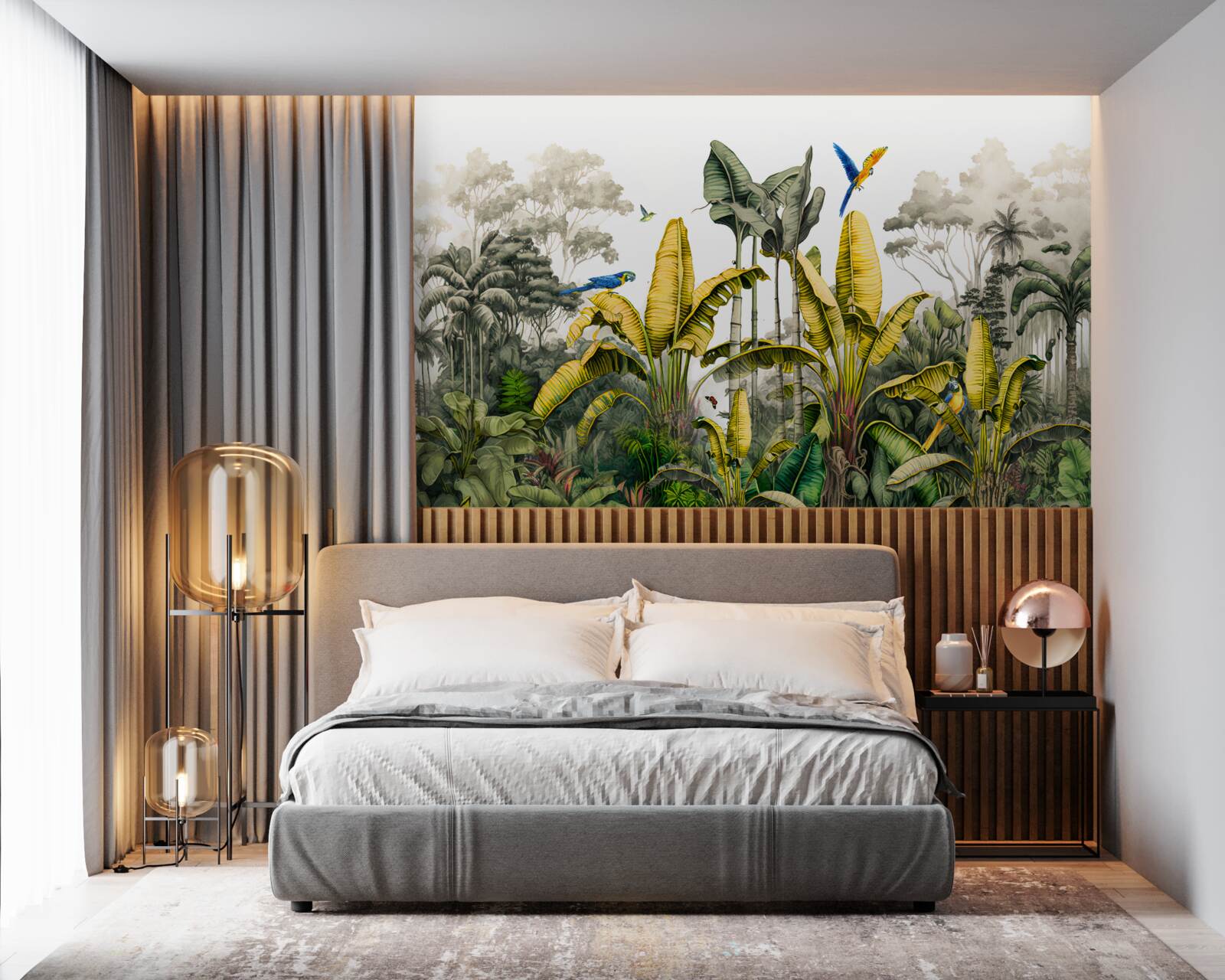 Papier peint grandes branches d'une fougère dorée dans une forêt tropicale