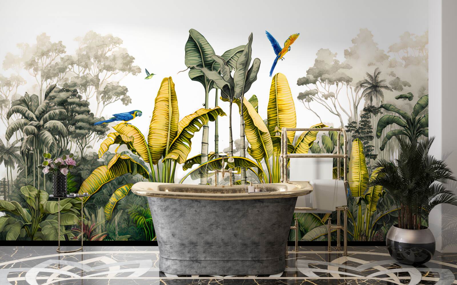 Papier peint grandes branches d'une fougère dorée dans une forêt tropicale