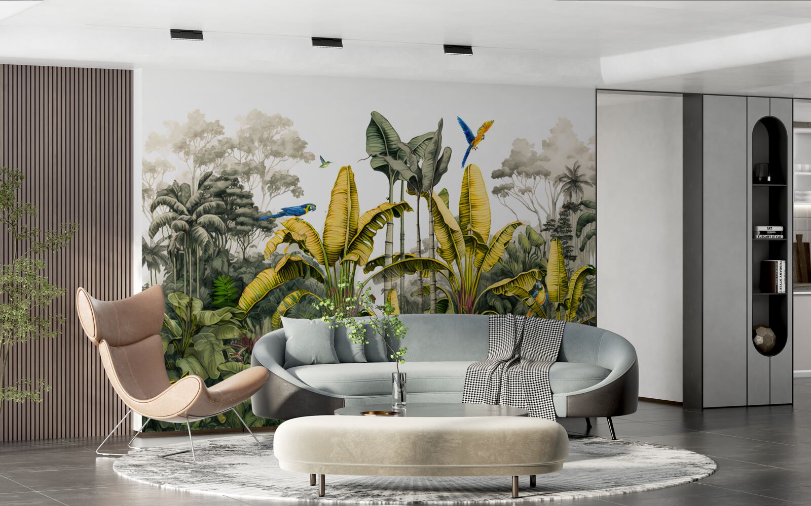 Papier peint grandes branches d'une fougère dorée dans une forêt tropicale