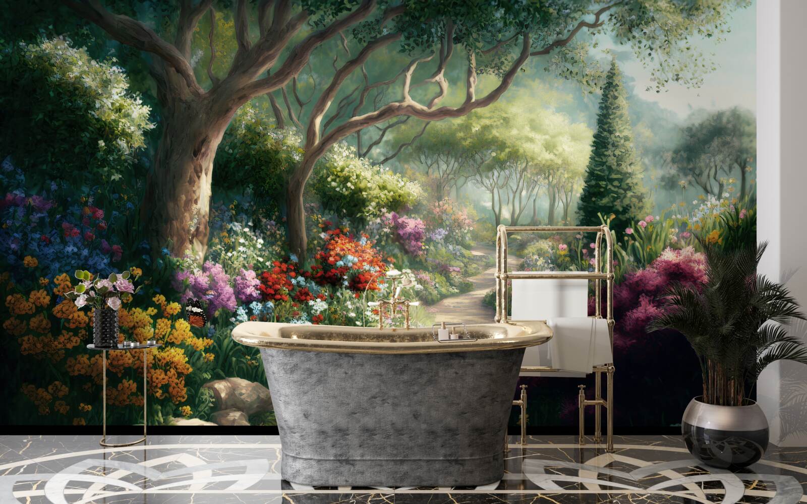 Papier peint chemin mystique à travers une forêt magique