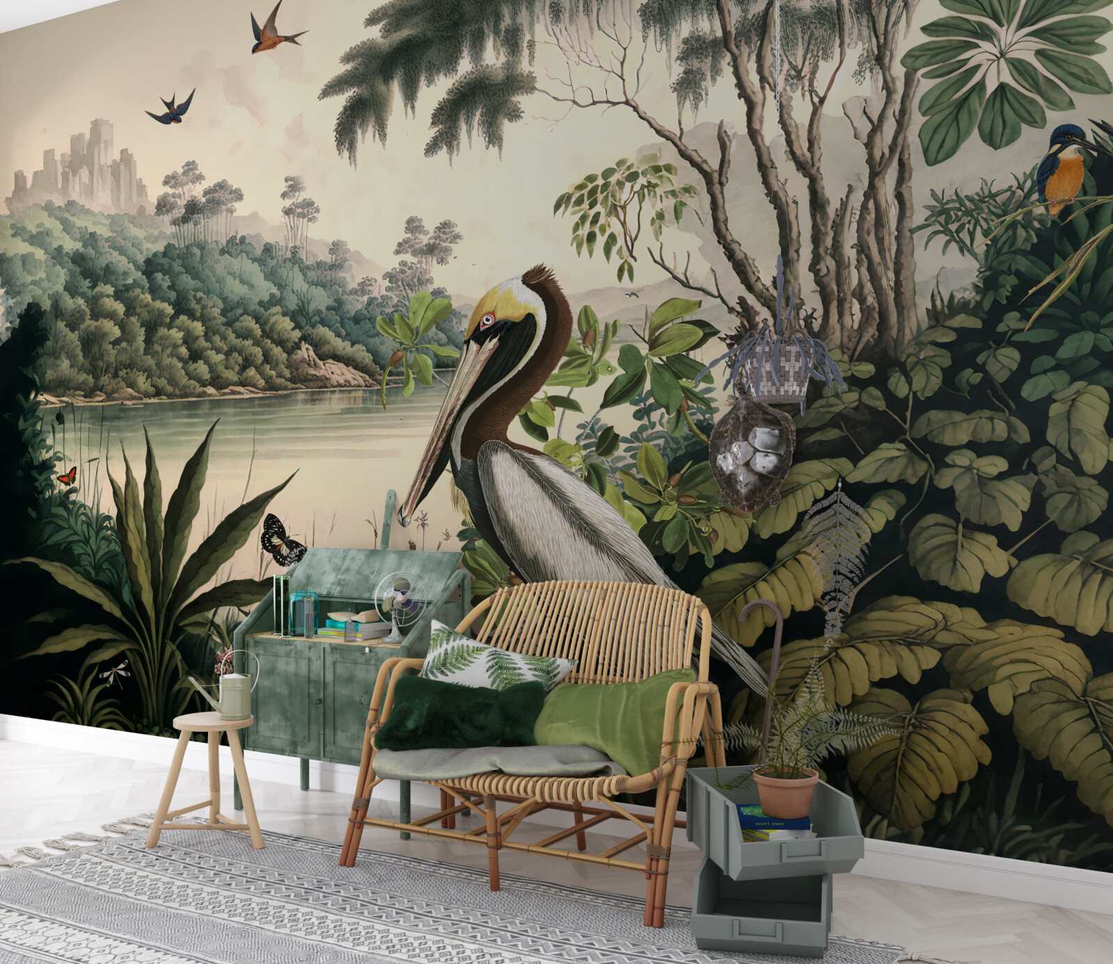 Papier peint le pélican cherche de la nourriture dans les eaux du lac