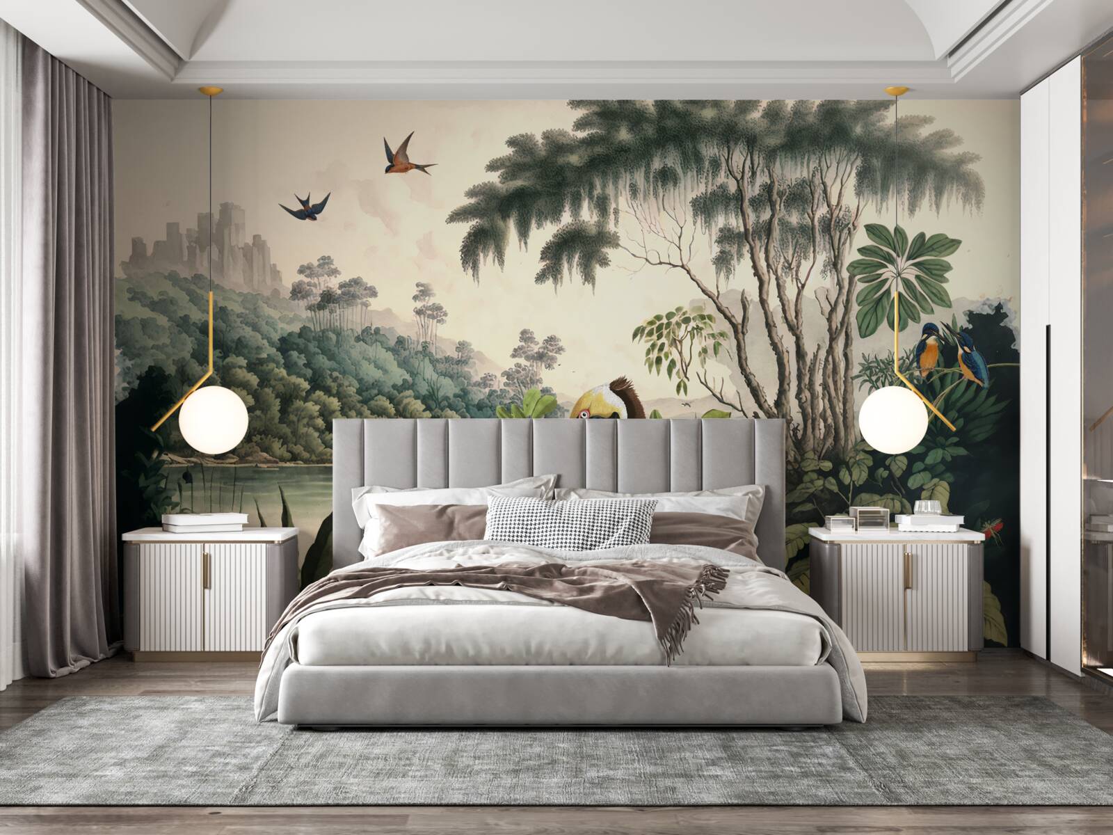 Papier peint le pélican cherche de la nourriture dans les eaux du lac