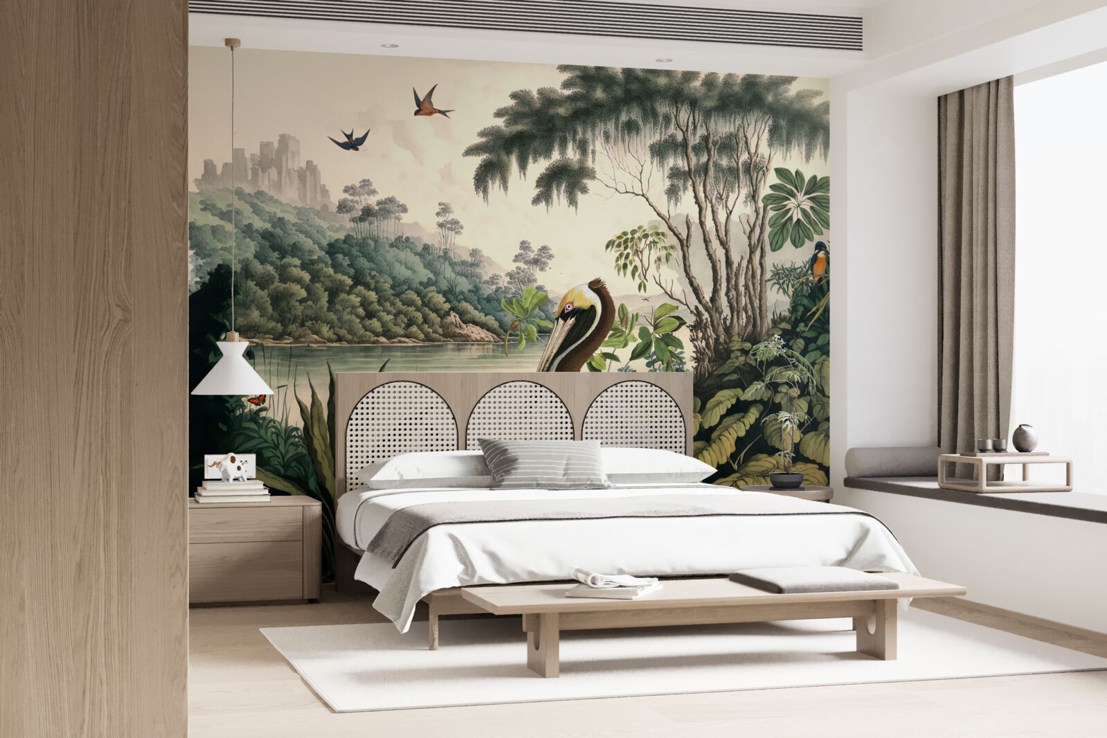 Papier peint le pélican cherche de la nourriture dans les eaux du lac