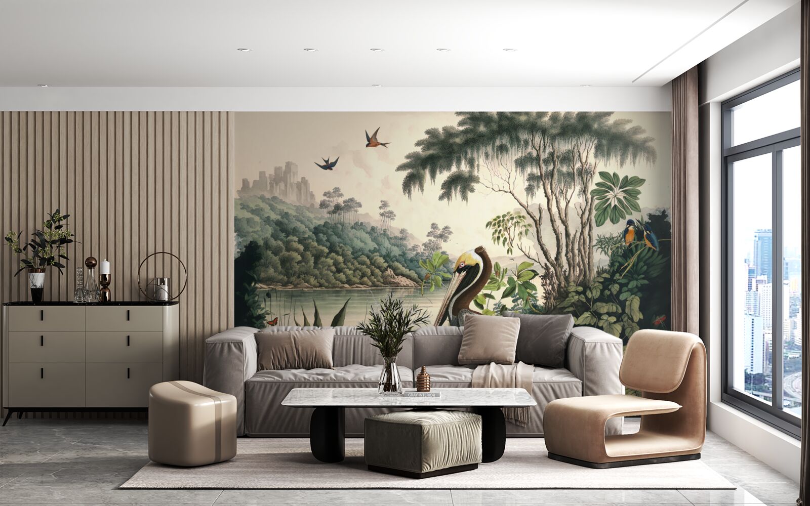 Papier peint le pélican cherche de la nourriture dans les eaux du lac