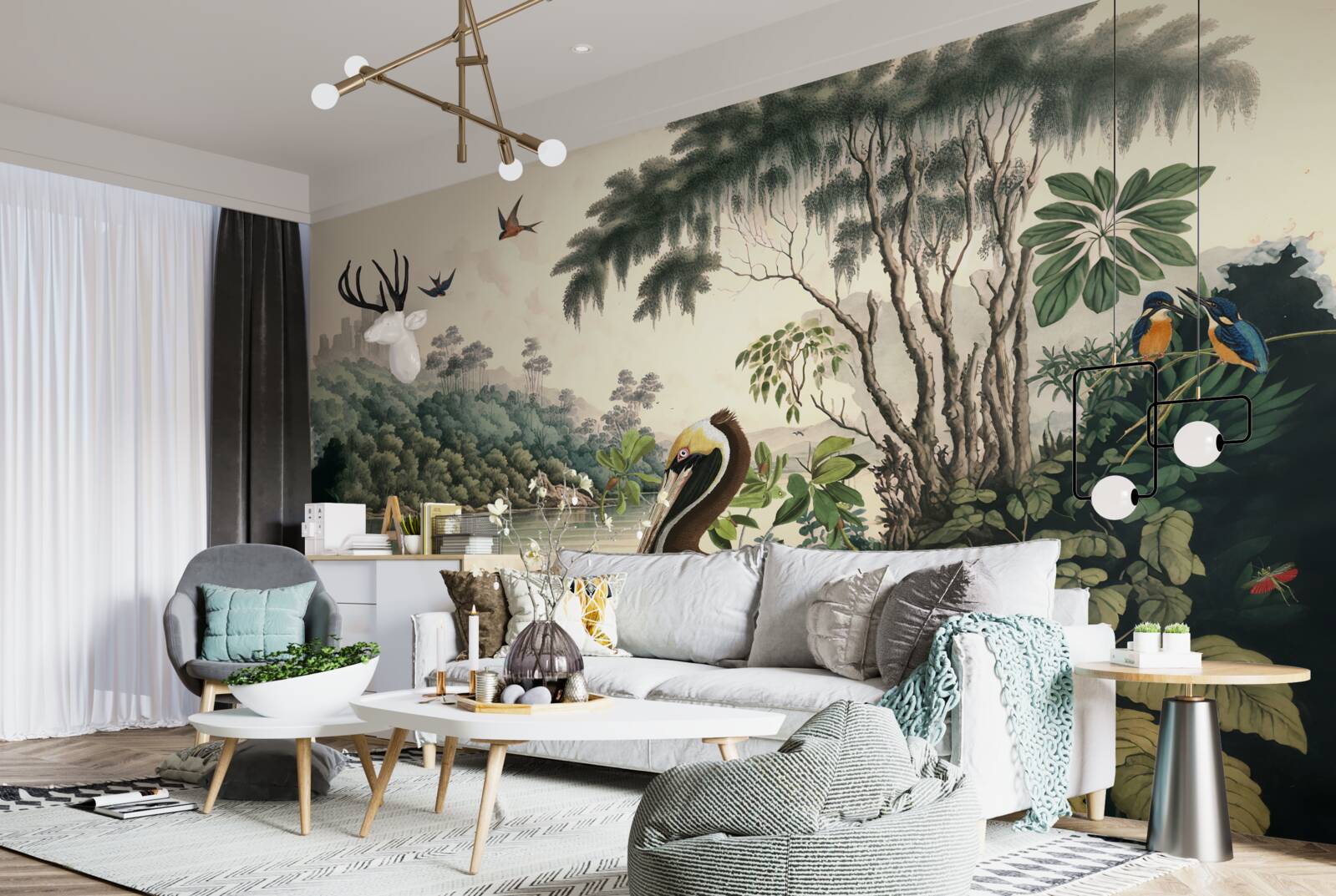 Papier peint le pélican cherche de la nourriture dans les eaux du lac