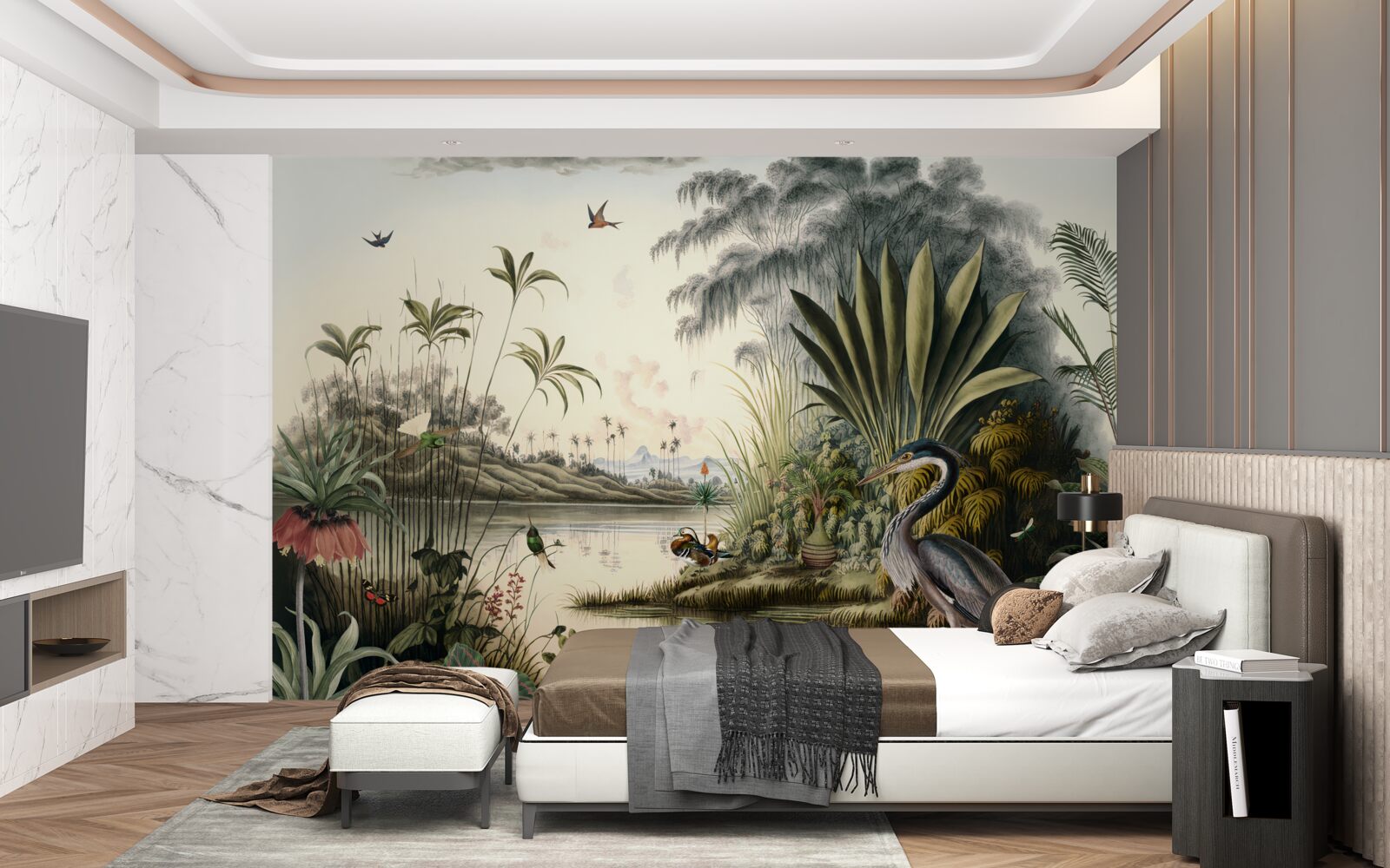 Papier peint Grue près d'un étang verdâtre